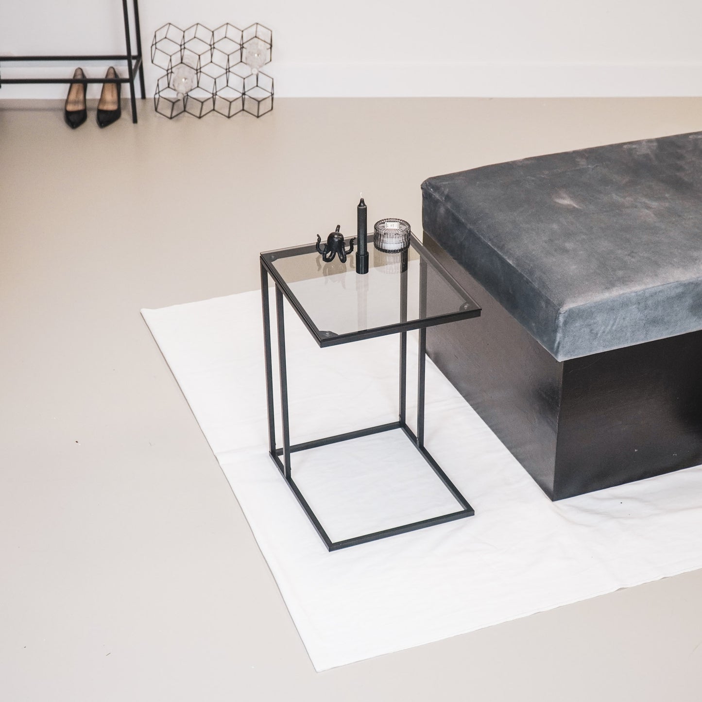 HV Sofa Bijzettafel Glas - Zwart - 40x35x51cm