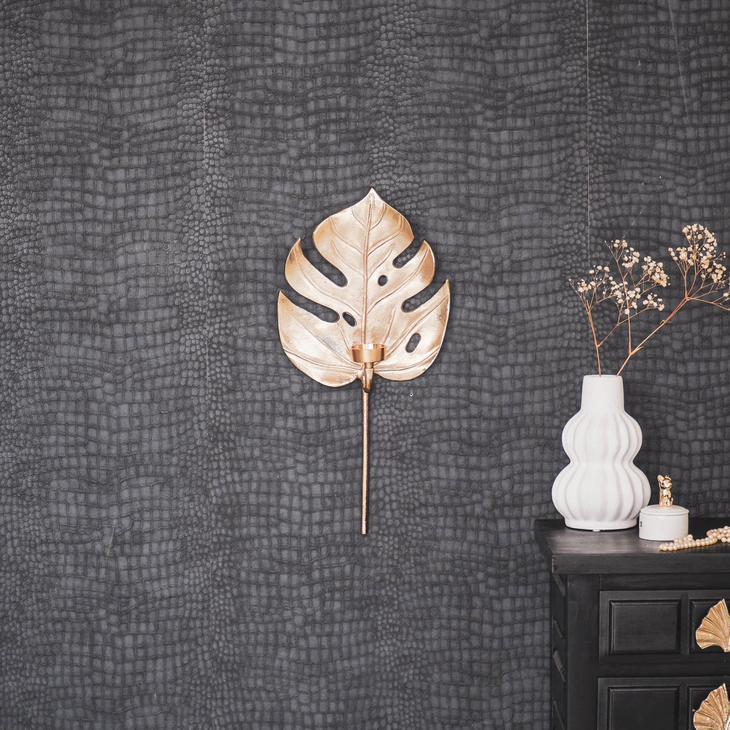HV Monstera blad Kandelaar - |Goud - 23x8x47cm