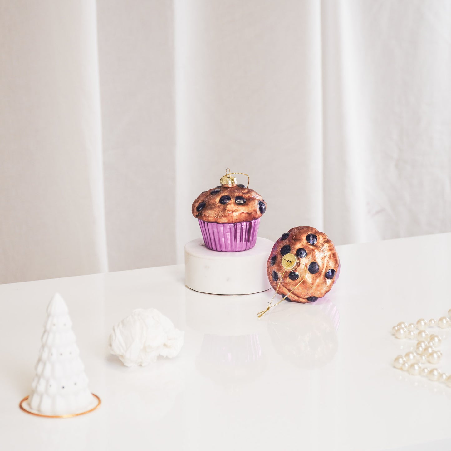 HV Bosbessen Muffin Kerstbal-Set van 2 -Glas- 9x9x9cm