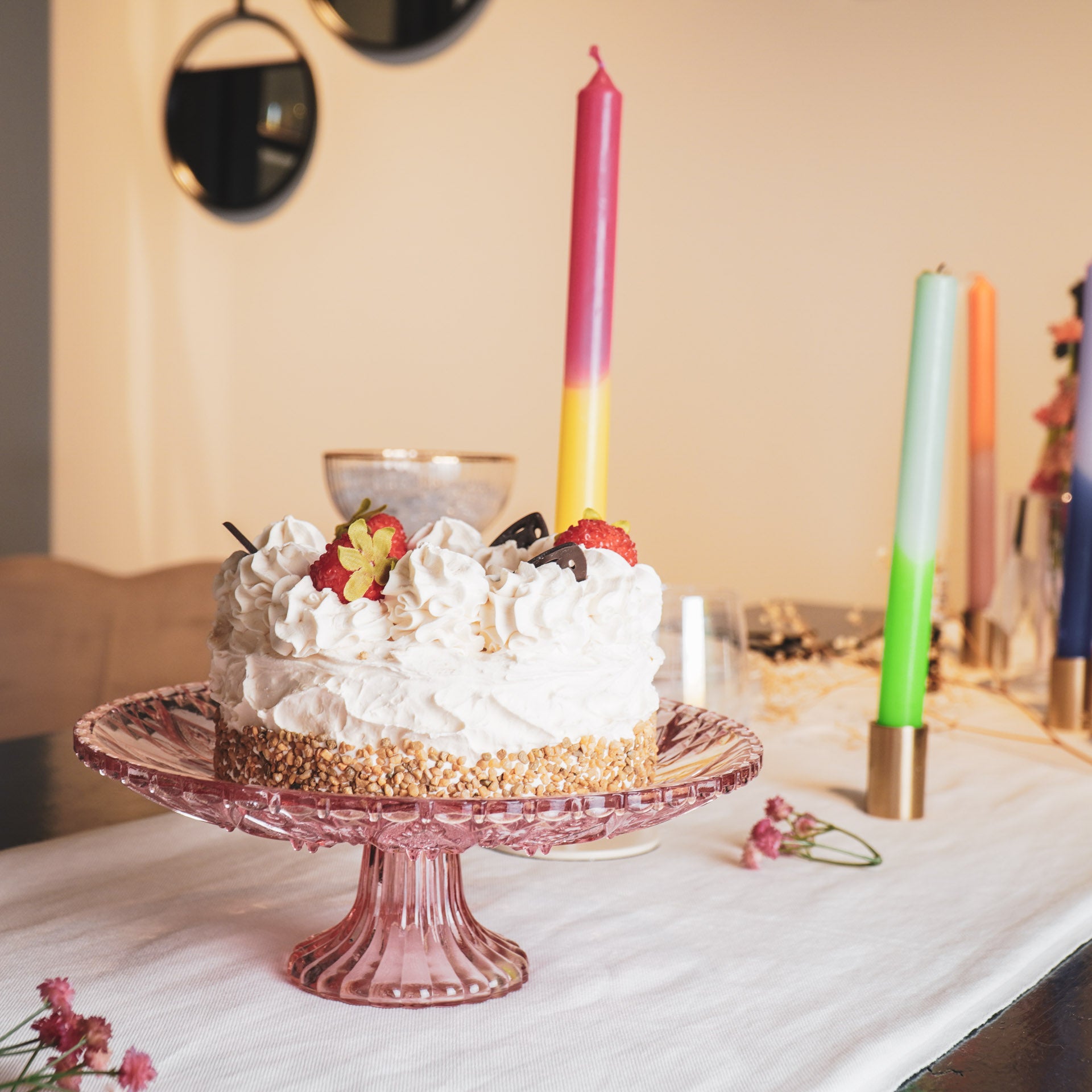 Servies- Taartplateau - Glas- Roze- 22,5x8 cm