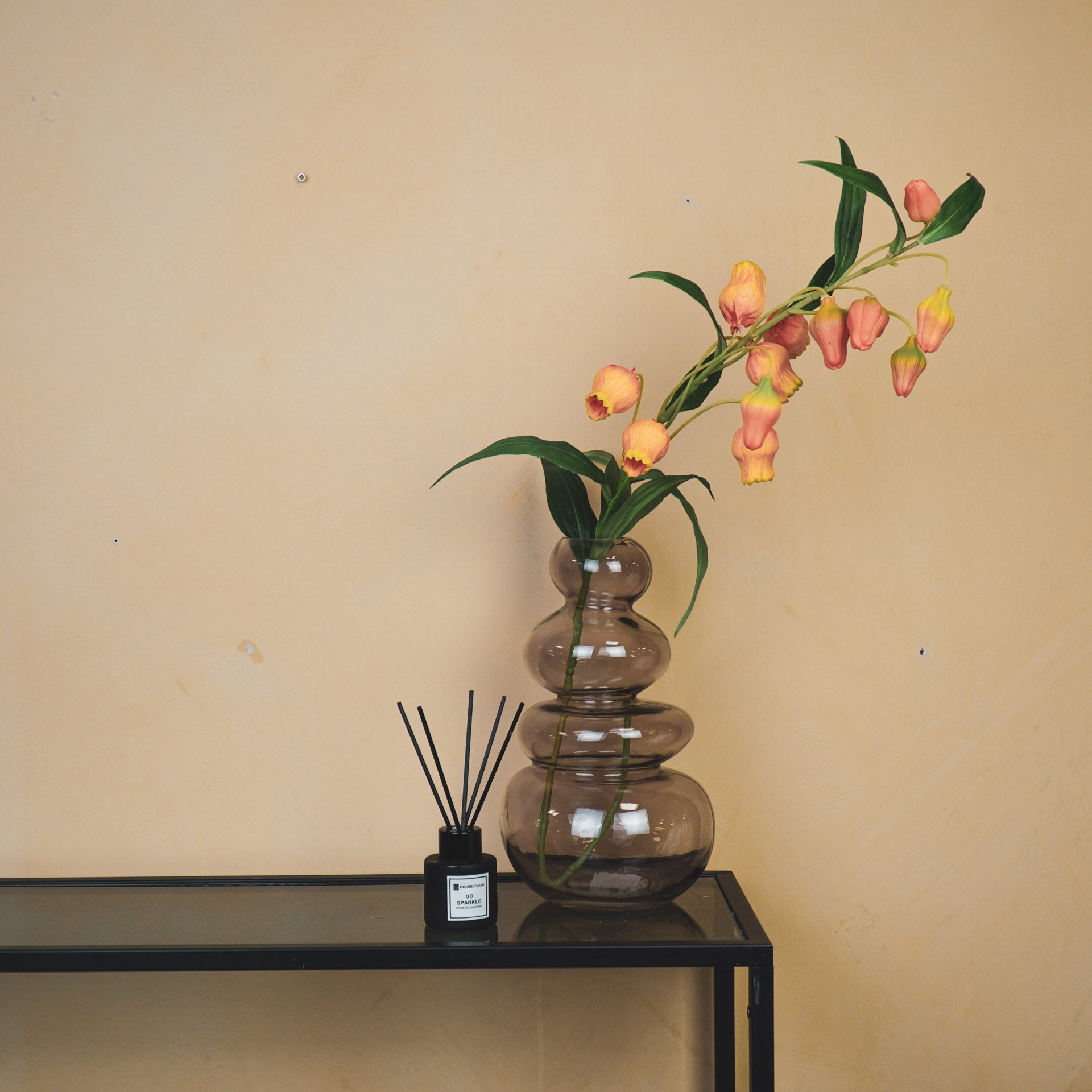 Vaas- Gestapelde Stenen - Glas- Bruin-16x14x27cm