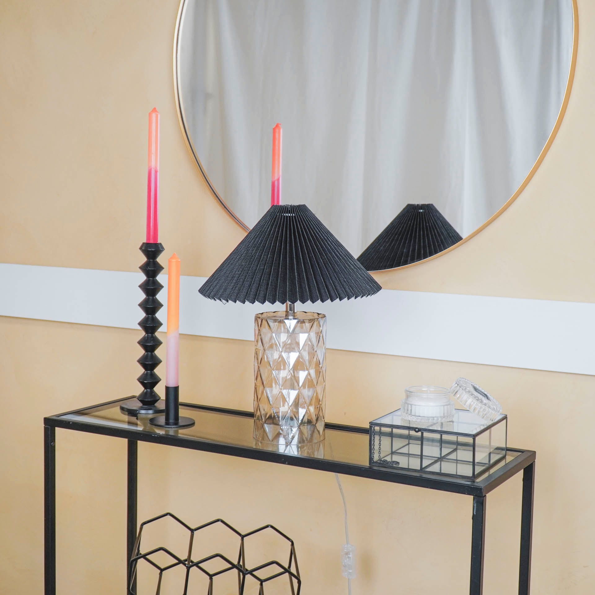 Tafellamp - Glazen Ruitjes Voet - Amber - 12x12x20cm