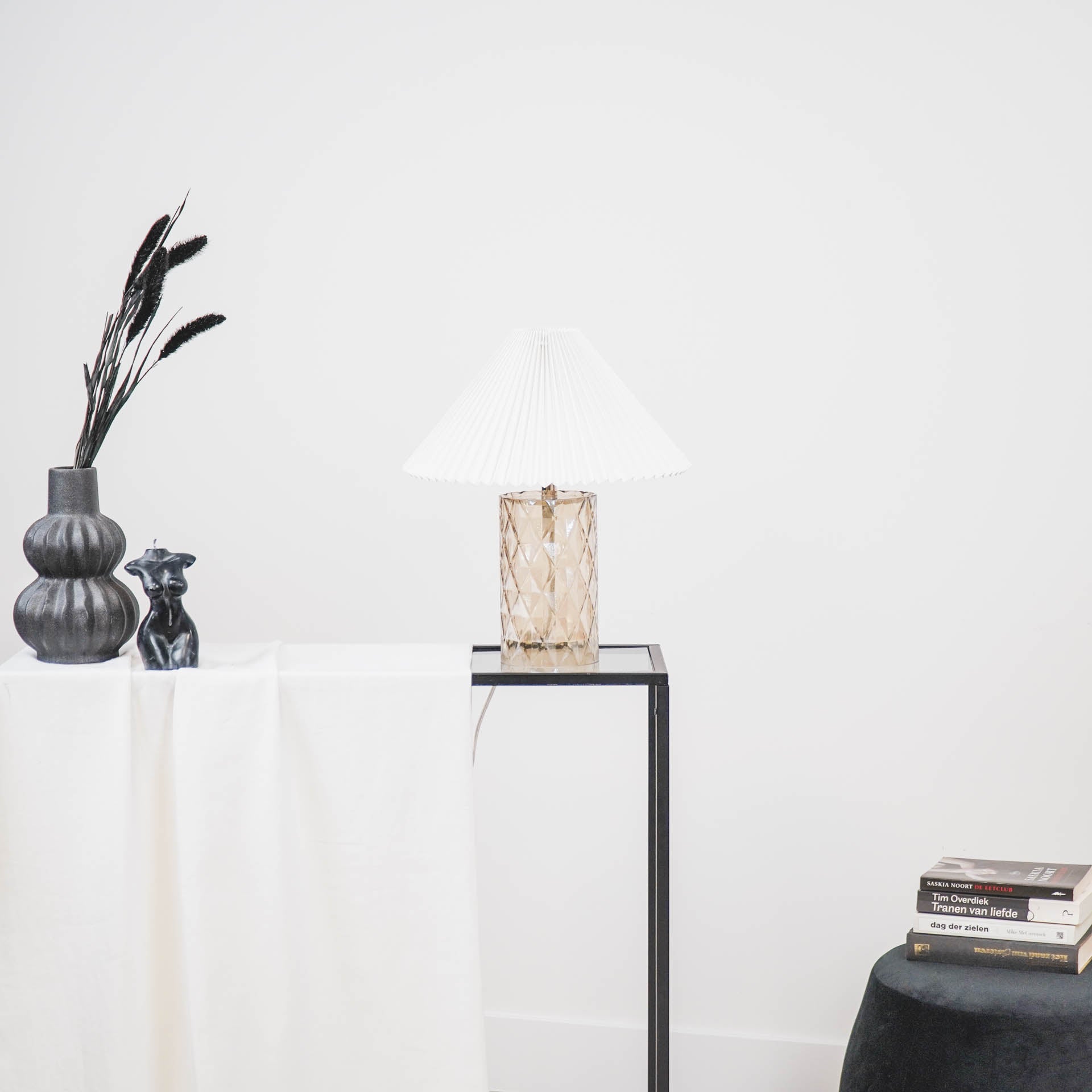 Tafellamp - Glazen Ruitjes Voet - Amber - 12x12x20cm