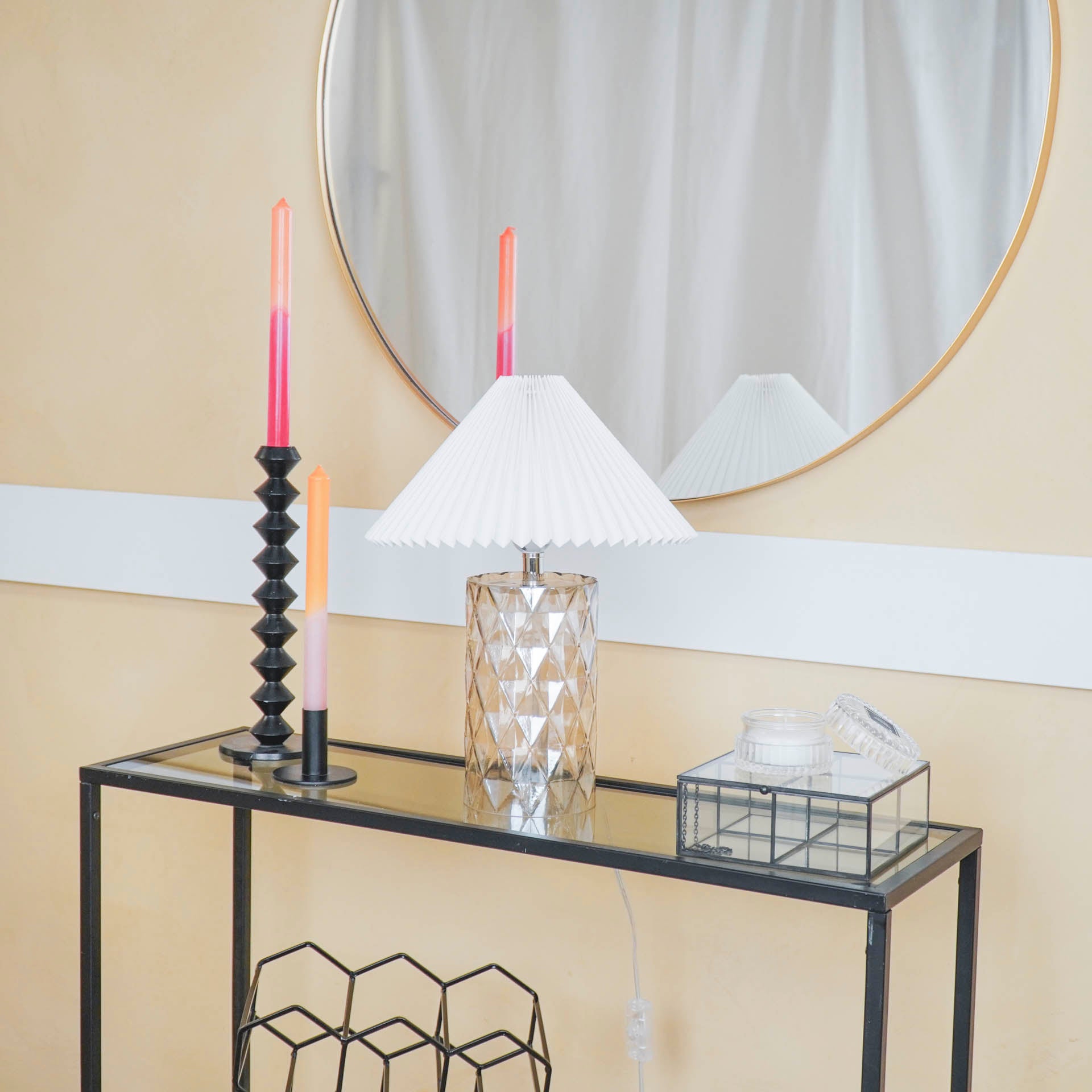 Tafellamp - Glazen Ruitjes Voet - Amber - 12x12x20cm