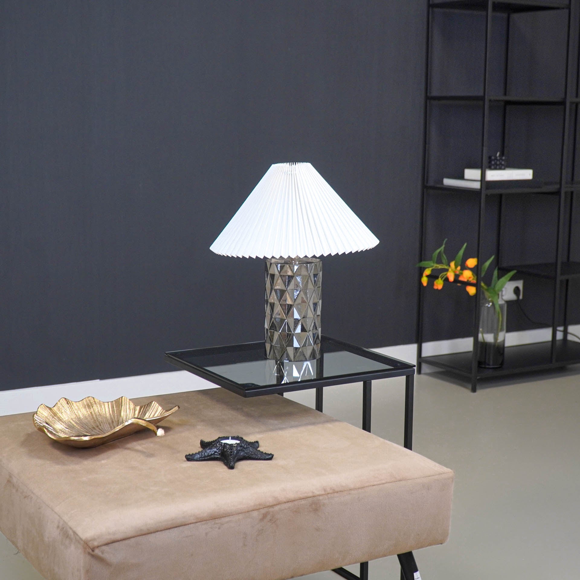 Tafellamp - Glazen Ruitjes Voet - Rookglas - 12x12x20cm