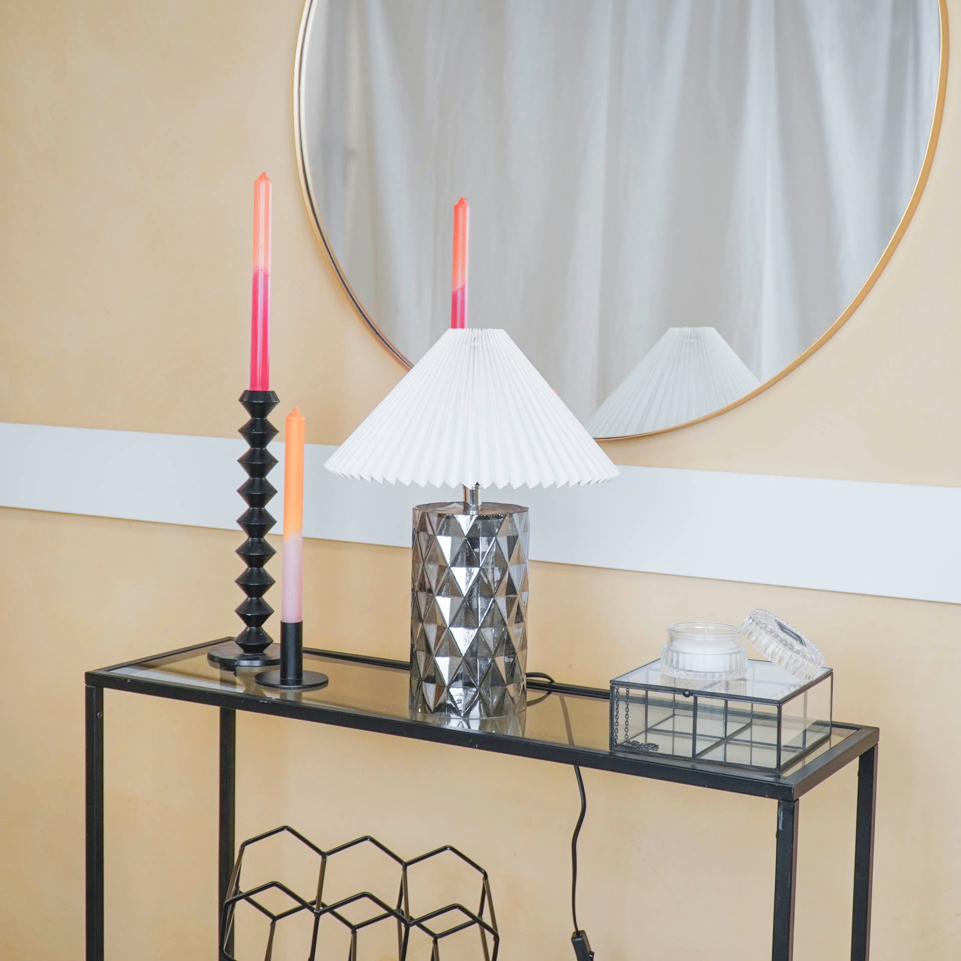 Tafellamp - Glazen Ruitjes Voet - Rookglas - 12x12x20cm