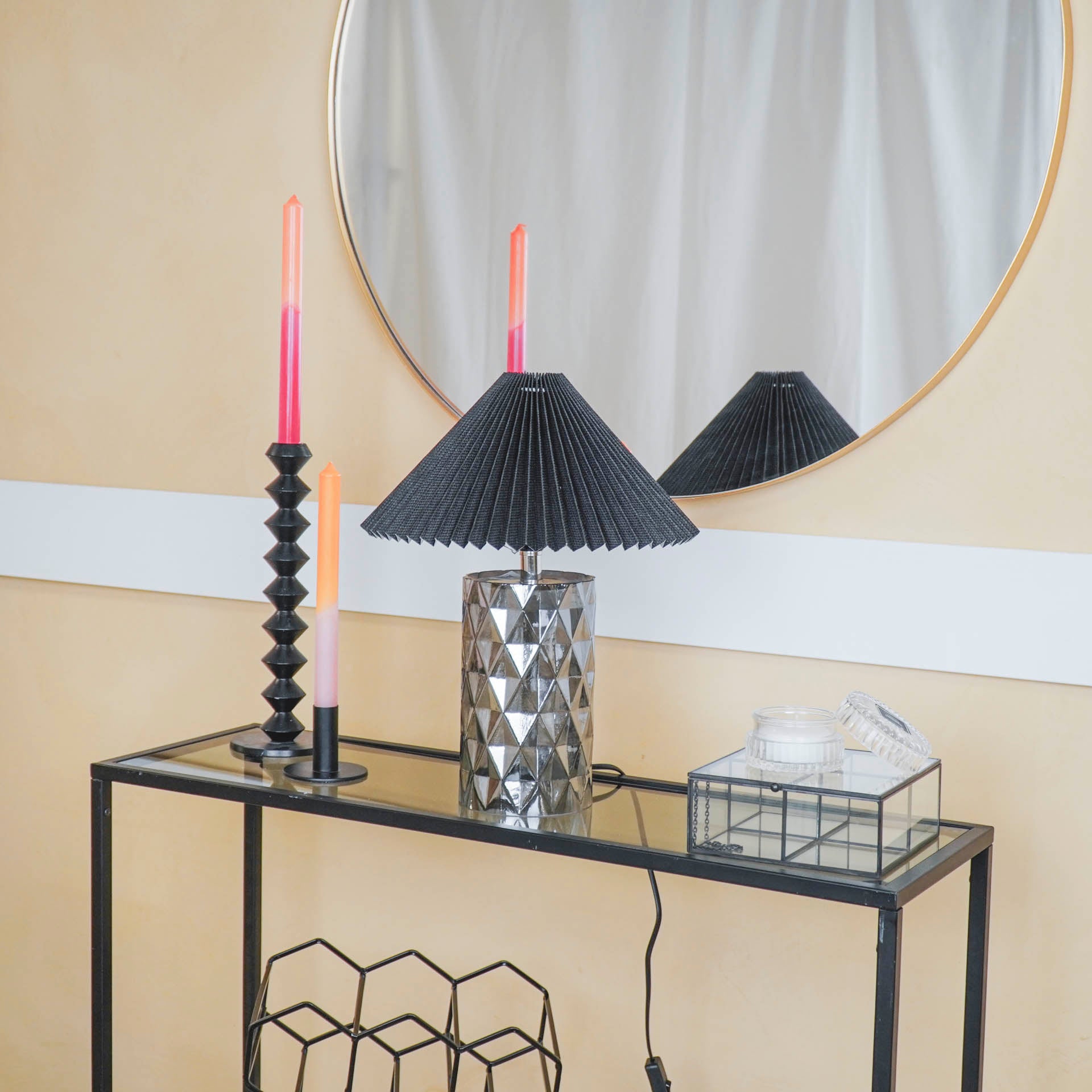 Tafellamp - Glazen Ruitjes Voet - Rookglas - 12x12x20cm