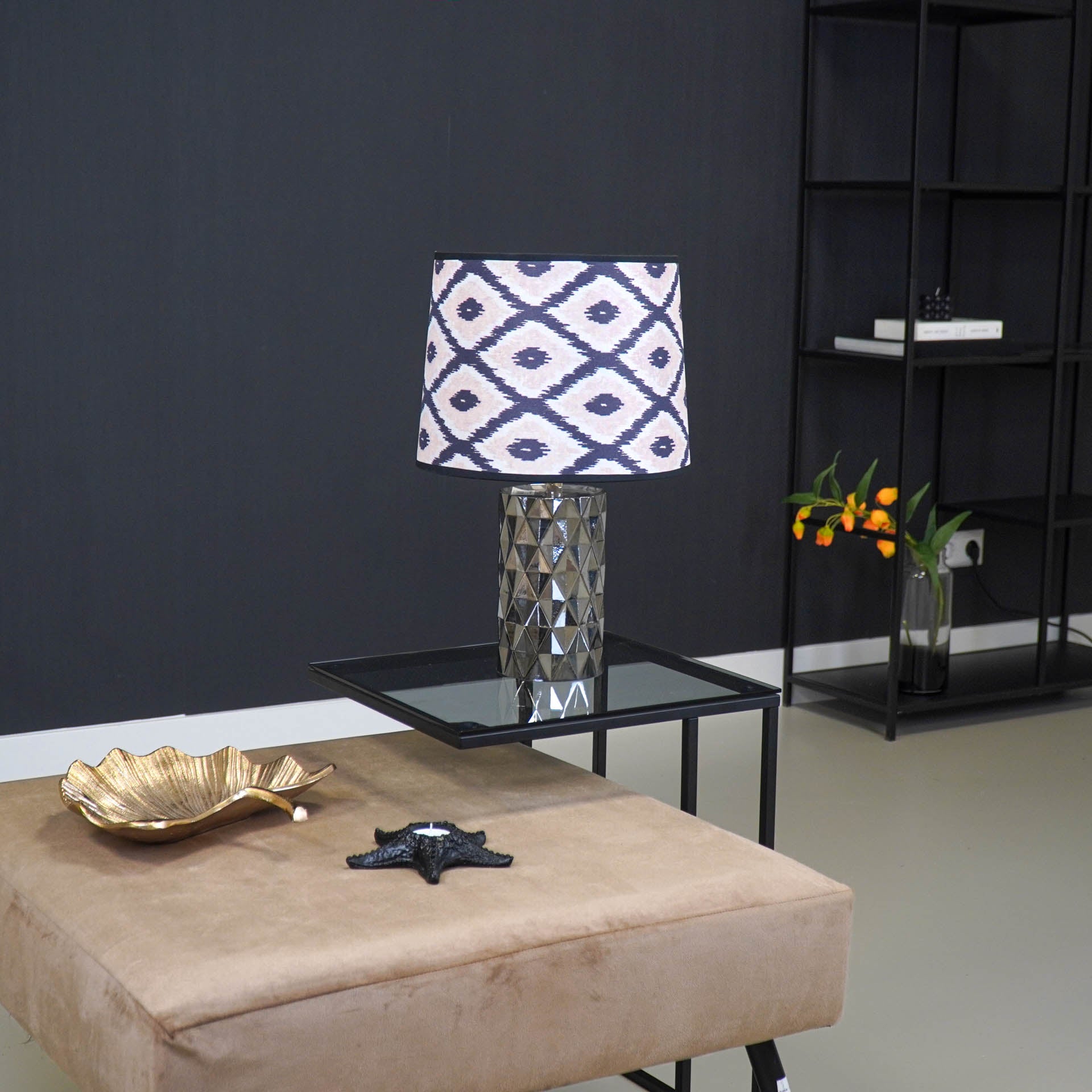 Tafellamp - Glazen Ruitjes Voet - Rookglas - 12x12x20cm