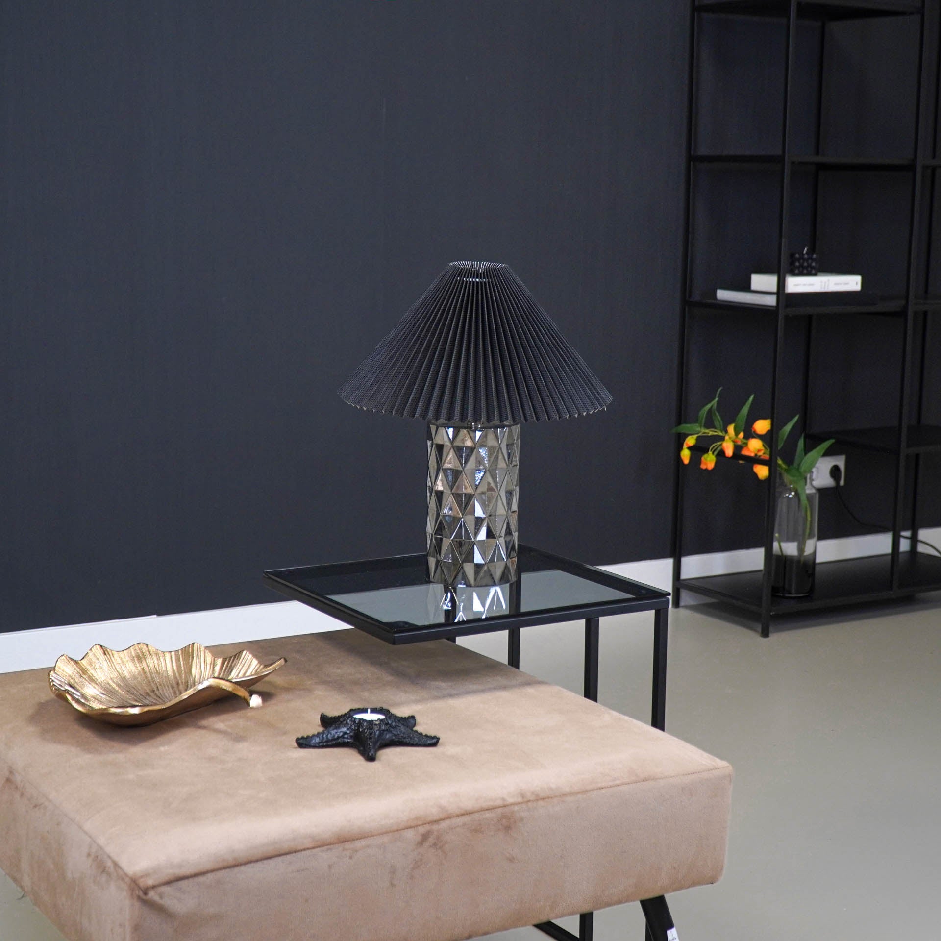 Tafellamp - Glazen Ruitjes Voet - Rookglas - 12x12x20cm