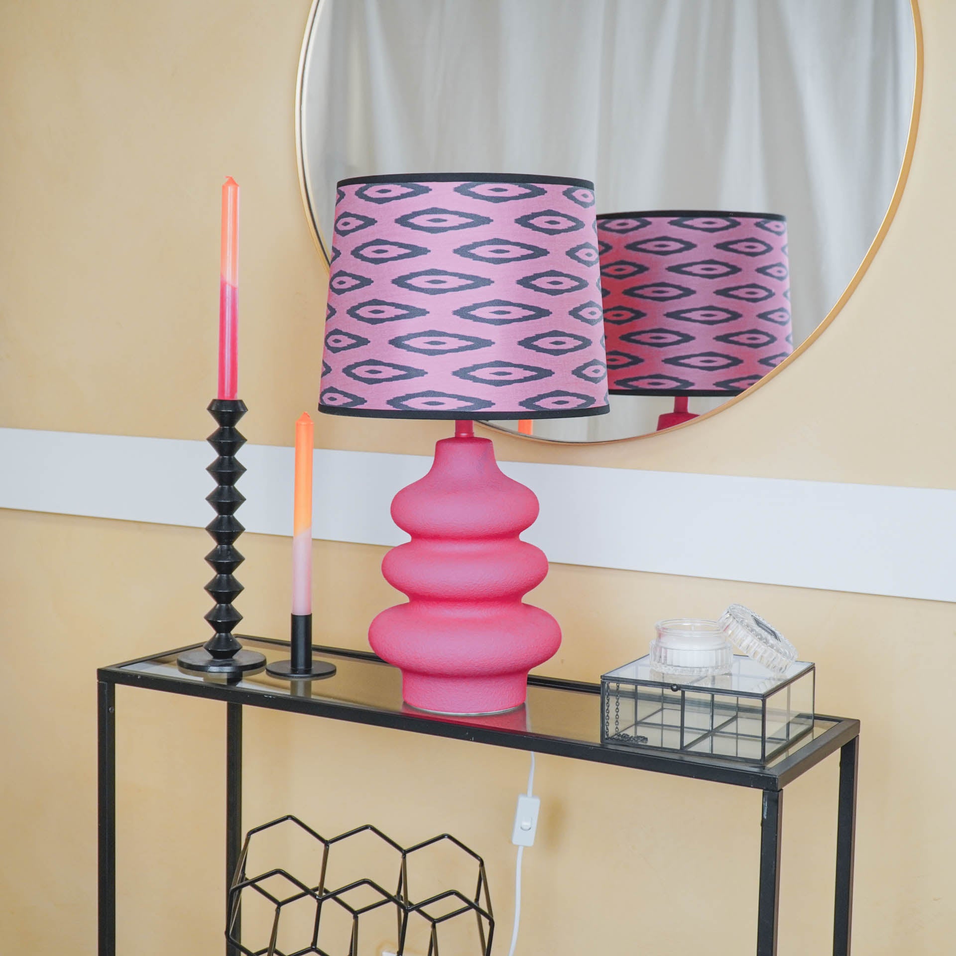 Lampenkap - Kelim Print - Polyester - Roze/Zwart-26x30x23 cm