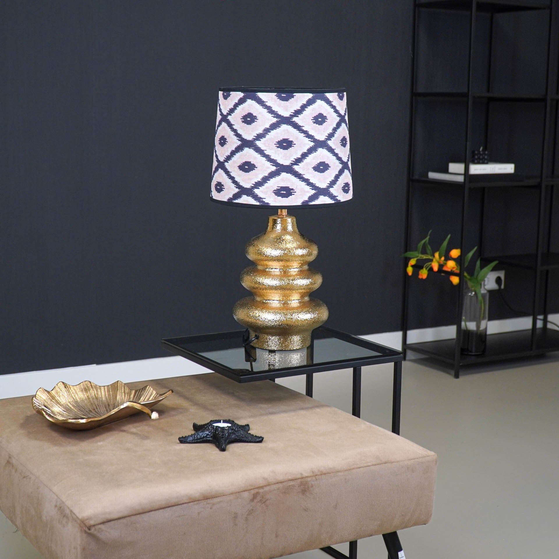 Lampenkap Kelim Print -Polyester- Zwart/ Wit/ Lichtroze-26x30x23cm