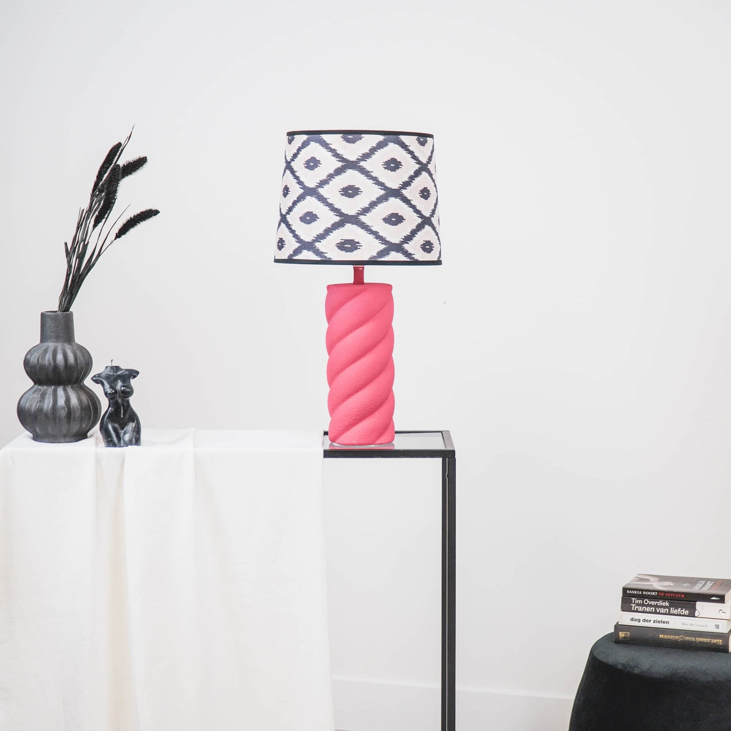 Lampenkap Kelim Print -Polyester- Zwart/ Wit/ Lichtroze-26x30x23cm