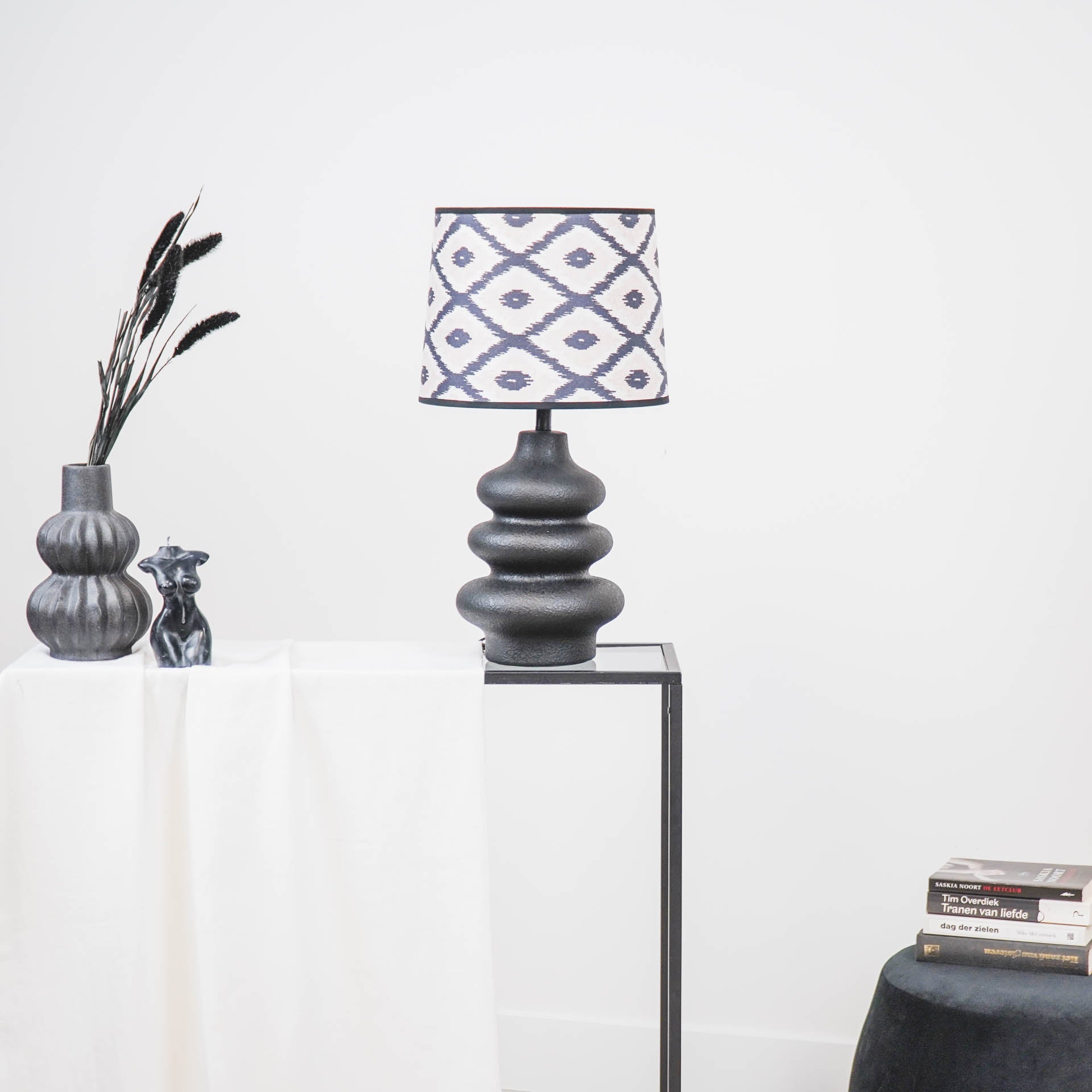 Lampenkap Kelim Print -Polyester- Zwart/ Wit/ Lichtroze-26x30x23cm