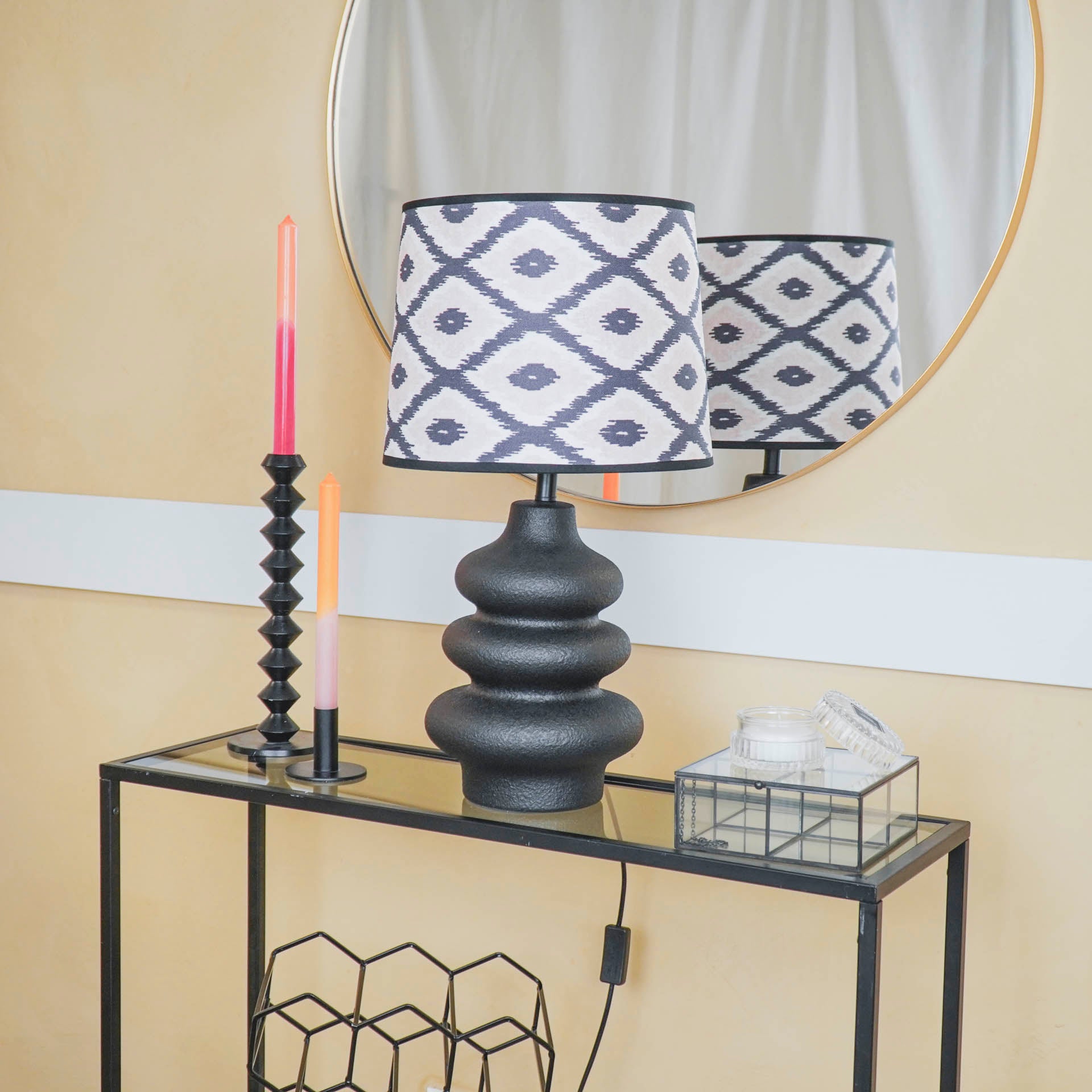 Lampenkap Kelim Print -Polyester- Zwart/ Wit/ Lichtroze-26x30x23cm