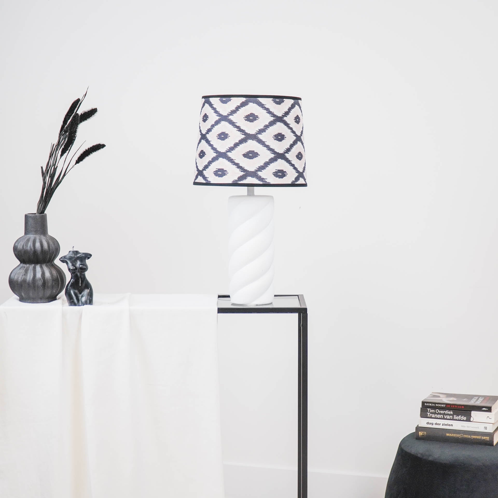 Lampenkap Kelim Print -Polyester- Zwart/ Wit/ Lichtroze-26x30x23cm