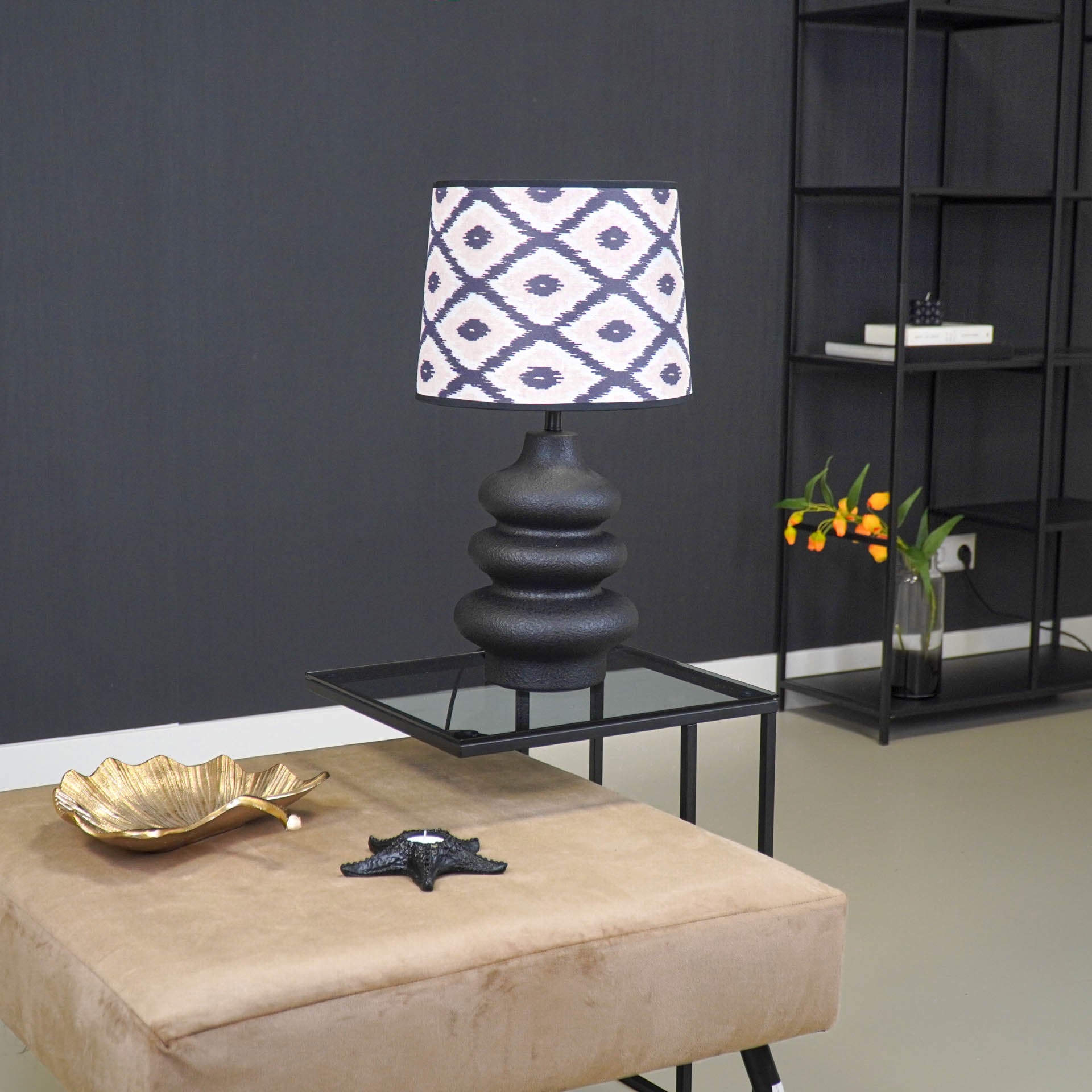 Lampenkap Kelim Print -Polyester- Zwart/ Wit/ Lichtroze-26x30x23cm