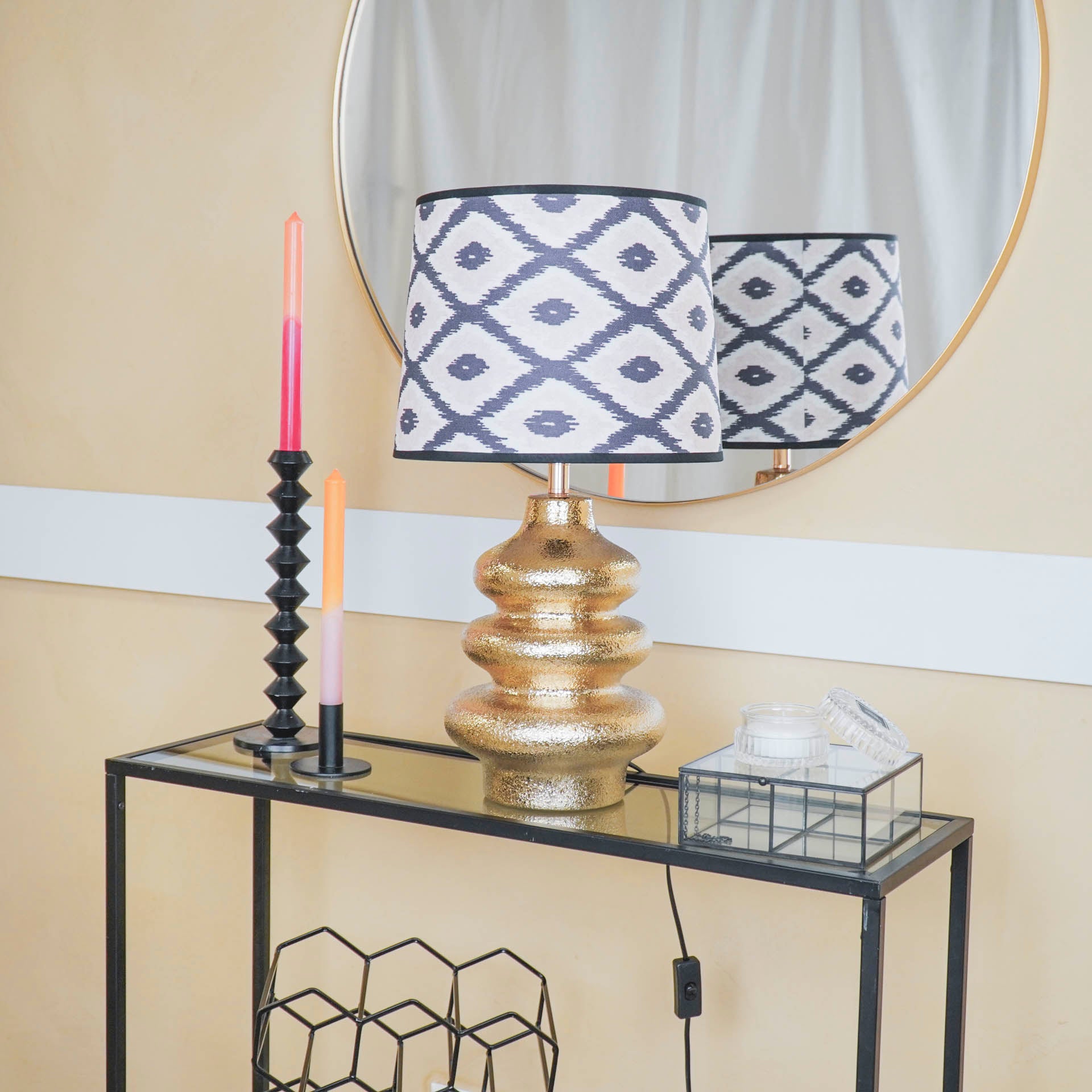 Lampenkap Kelim Print -Polyester- Zwart/ Wit/ Lichtroze-26x30x23cm