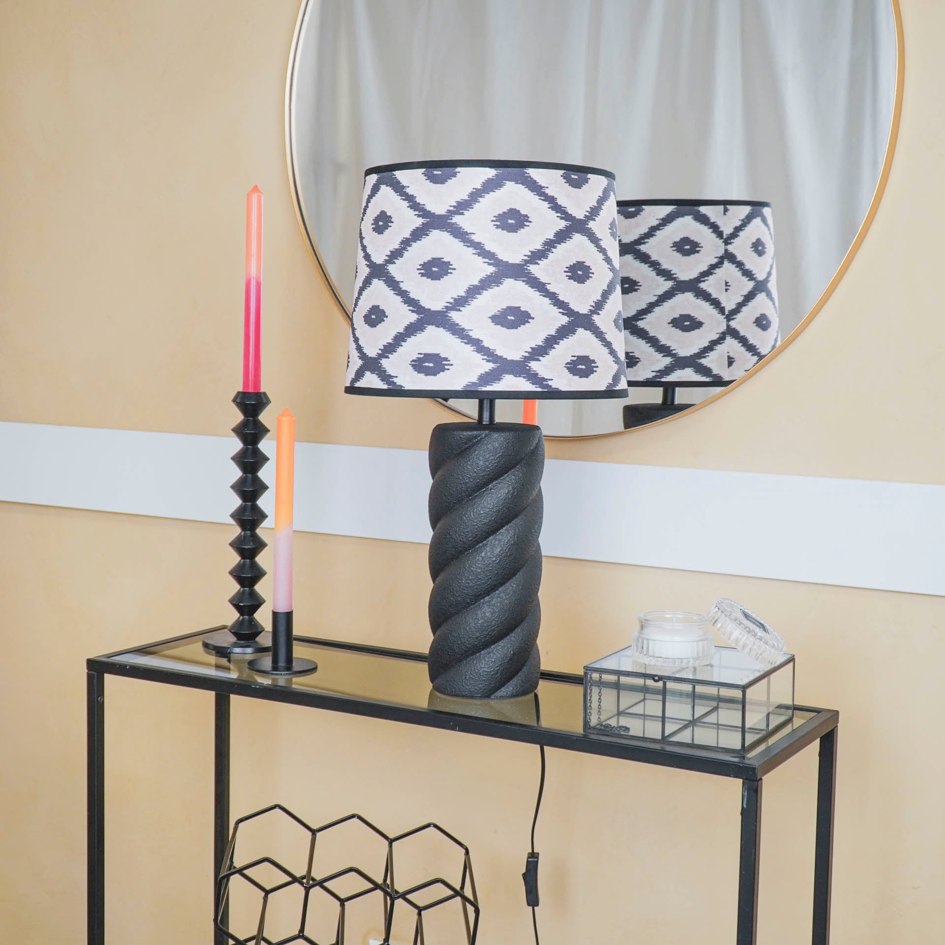 Lampenkap Kelim Print -Polyester- Zwart/ Wit/ Lichtroze-26x30x23cm