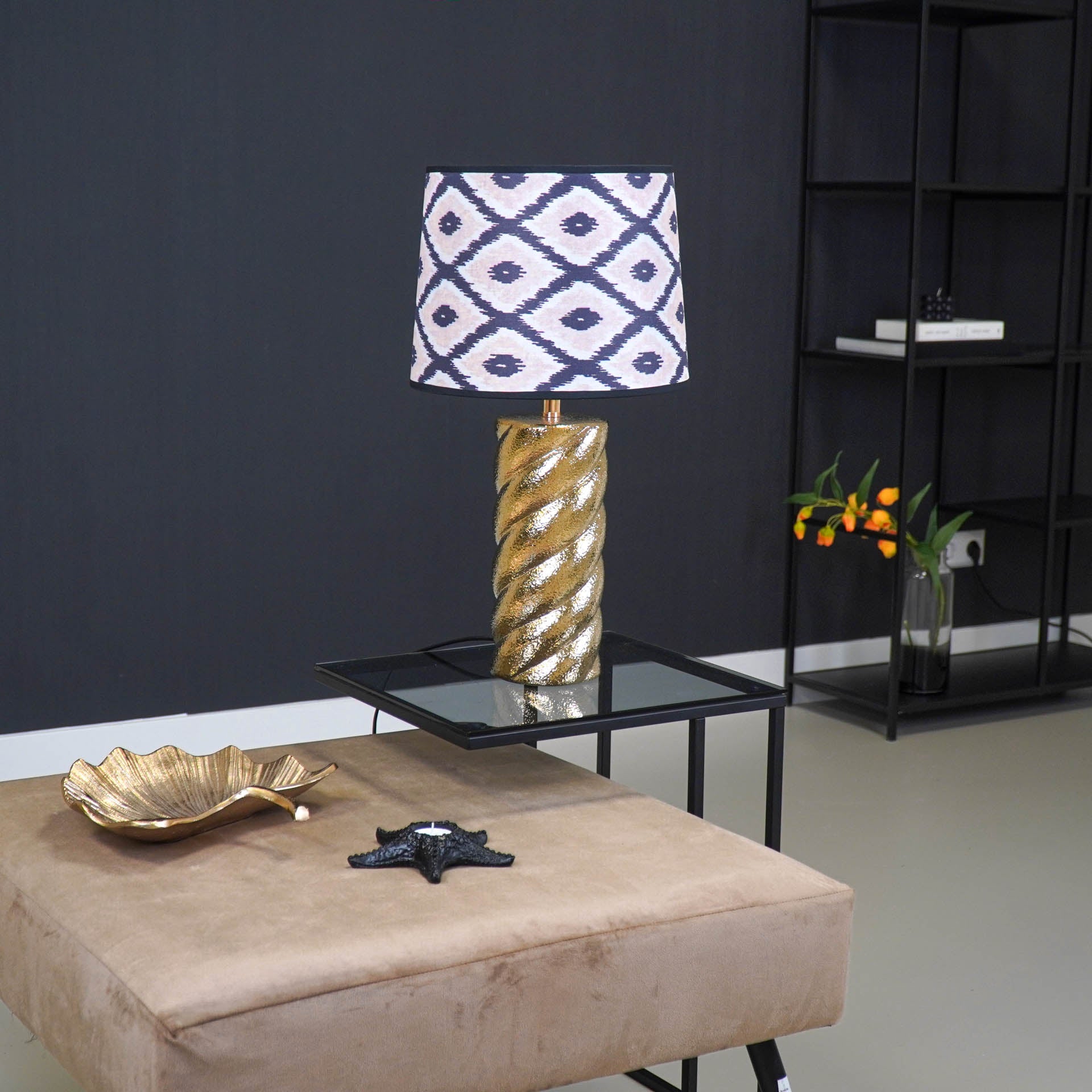 Lampenkap Kelim Print -Polyester- Zwart/ Wit/ Lichtroze-26x30x23cm