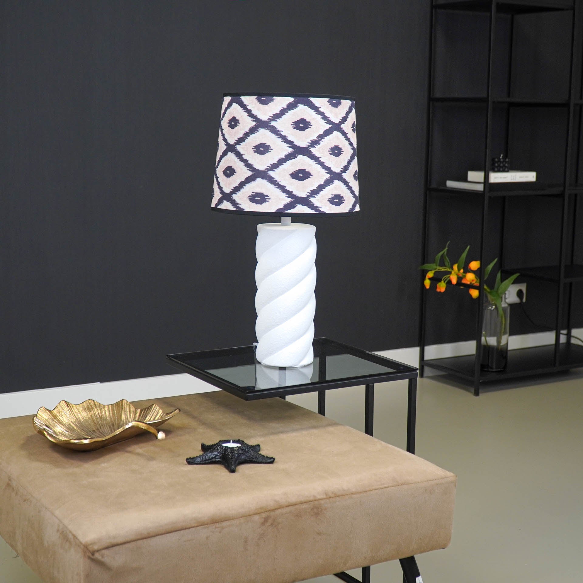 Lampenkap Kelim Print -Polyester- Zwart/ Wit/ Lichtroze-26x30x23cm