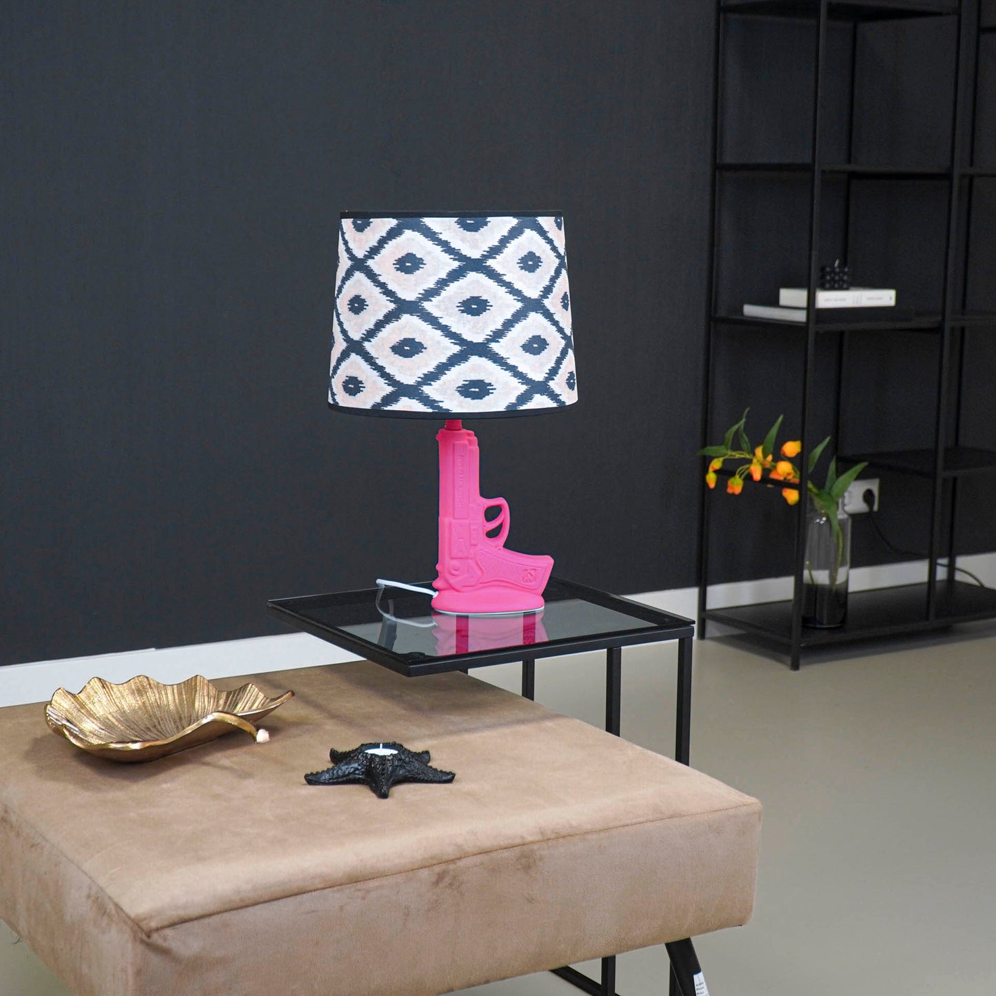 Lampenkap Kelim Print -Polyester- Zwart/ Wit/ Lichtroze-26x30x23cm