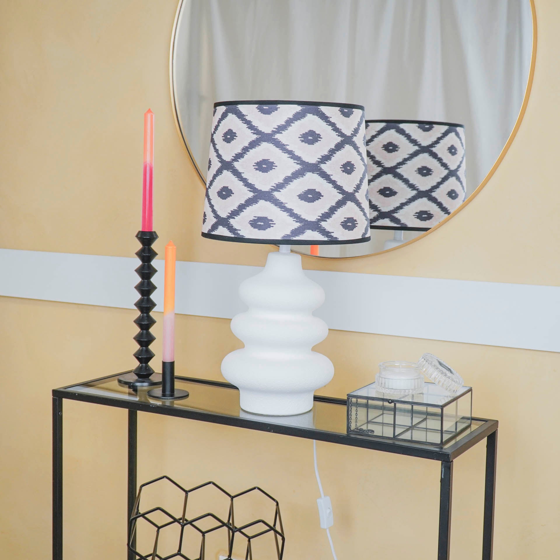 Lampenkap Kelim Print -Polyester- Zwart/ Wit/ Lichtroze-26x30x23cm