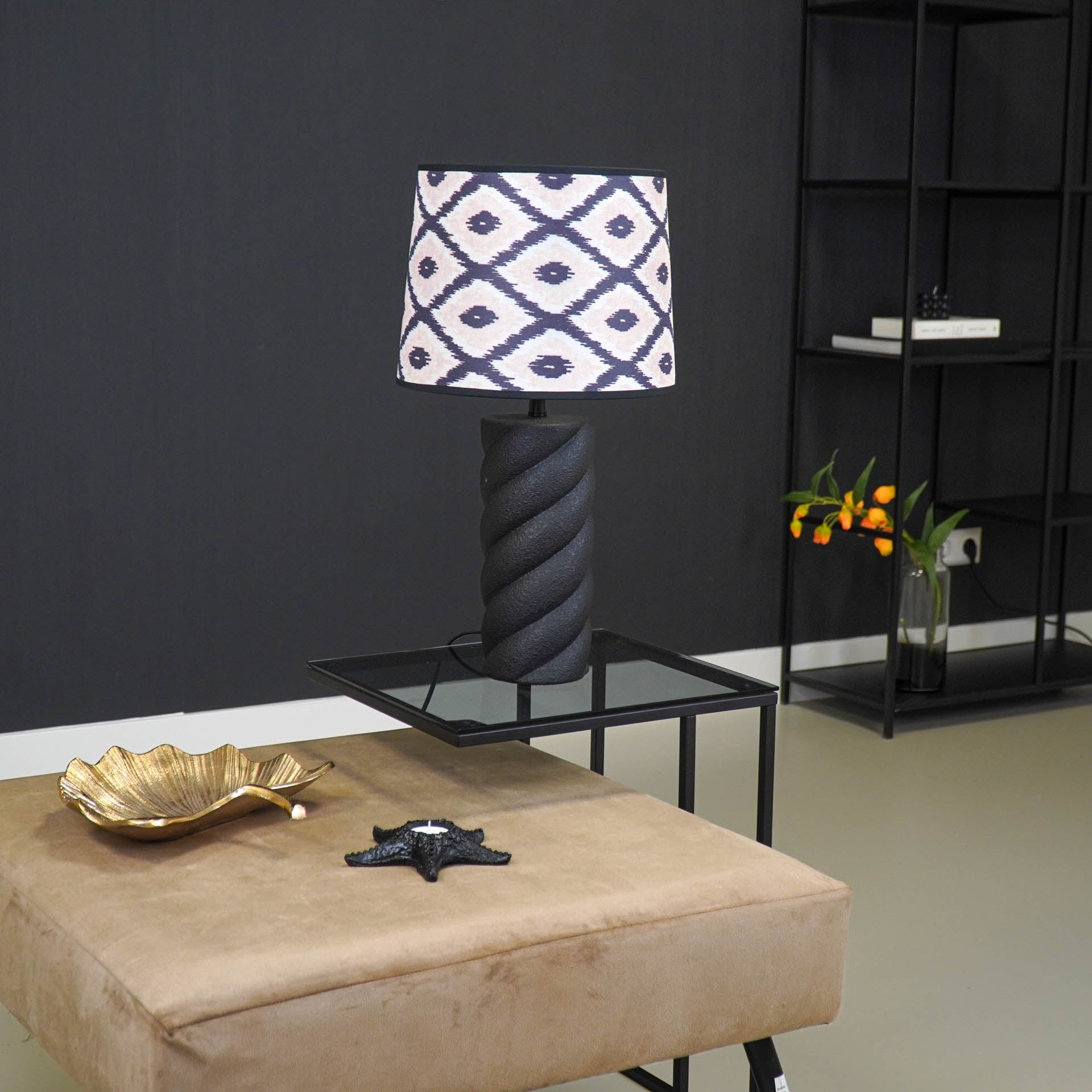 Lampenkap Kelim Print -Polyester- Zwart/ Wit/ Lichtroze-26x30x23cm