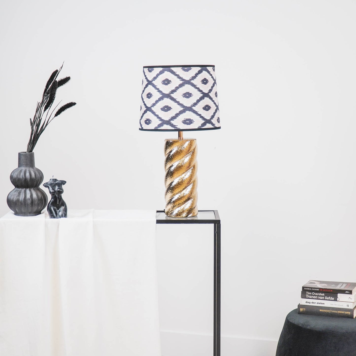 Lampenkap Kelim Print -Polyester- Zwart/ Wit/ Lichtroze-26x30x23cm