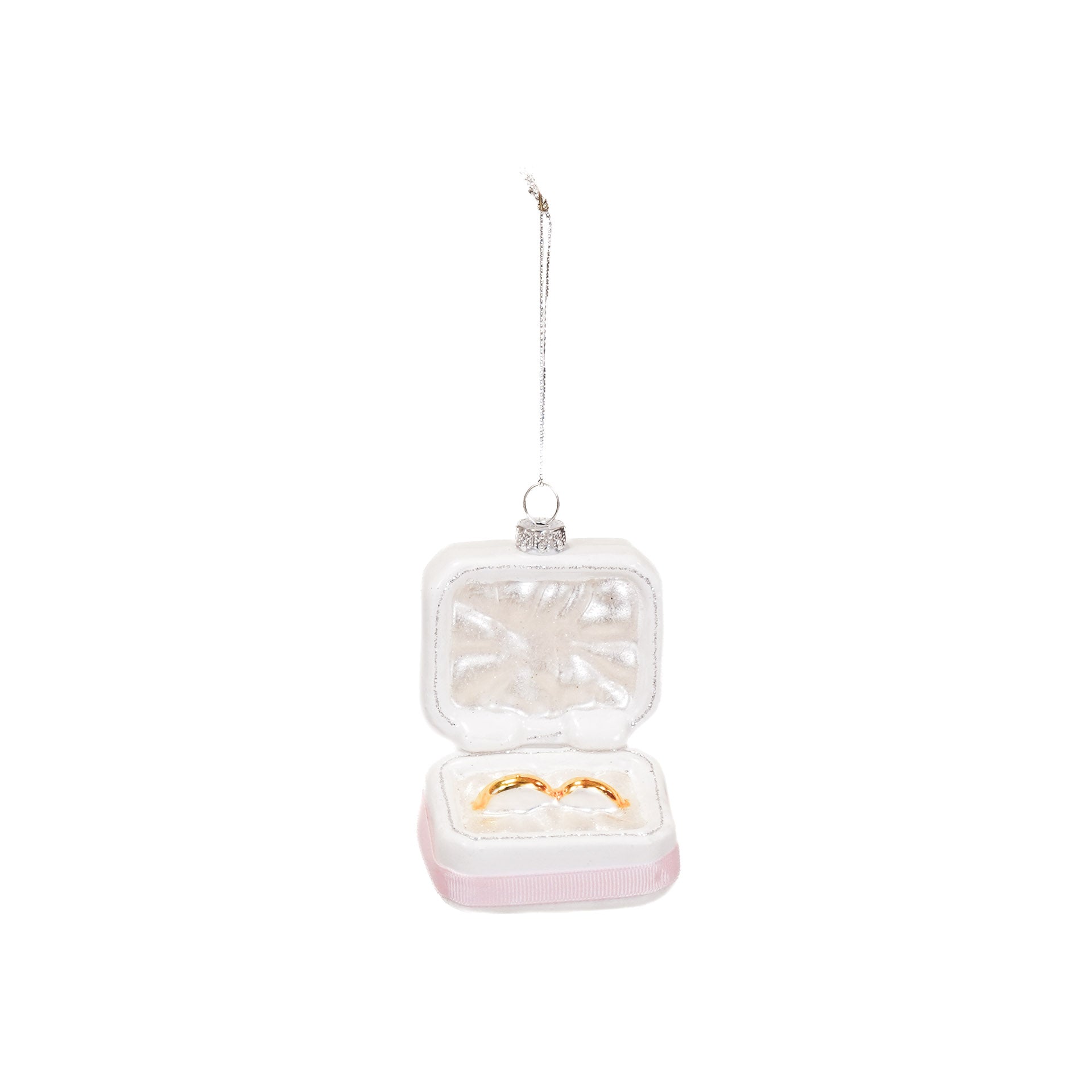 Kerstversiering - Kersthanger - Trouw Ringen in Doosje - Roze/ Wit/ Goud - Glas - 6,5x4,5x11cm