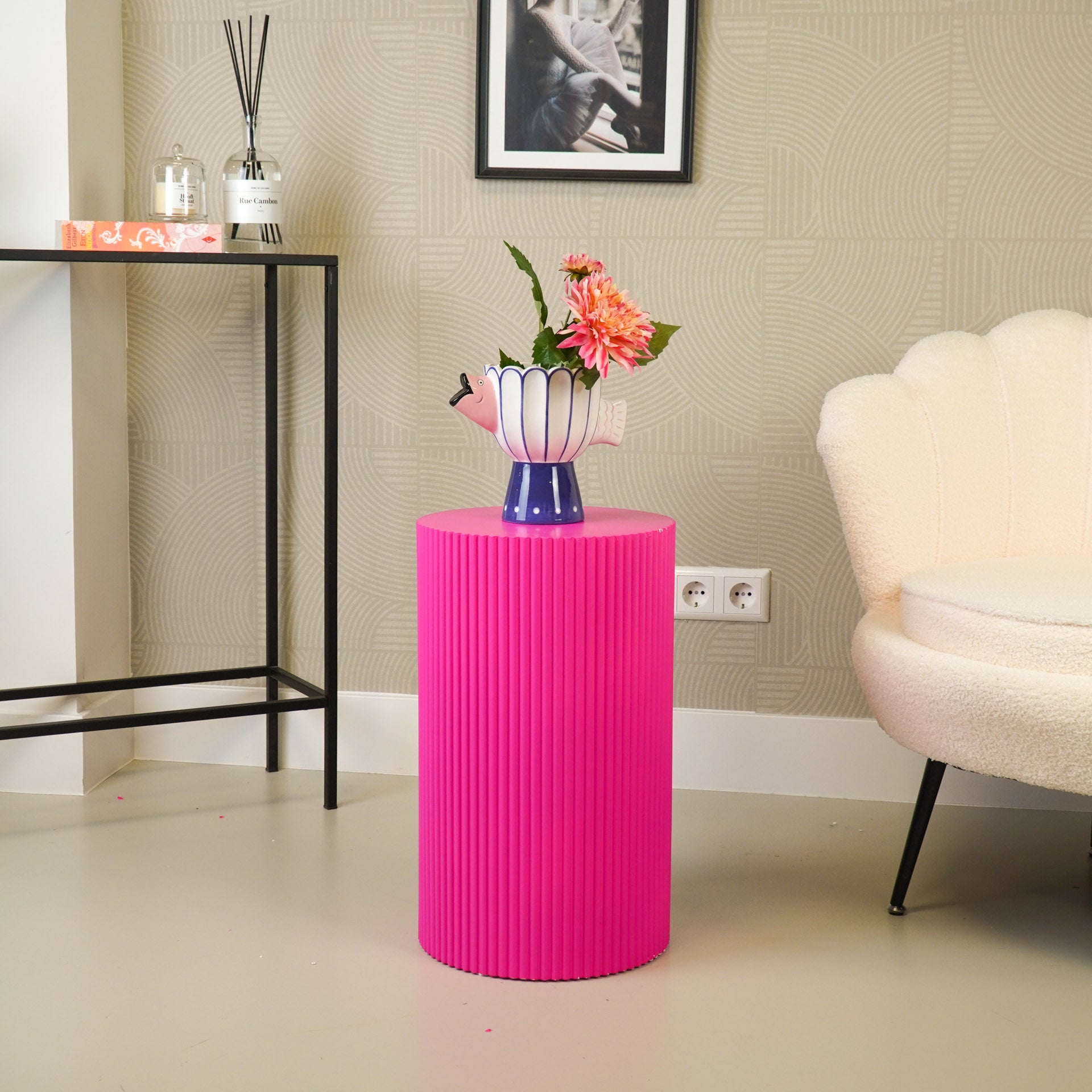 Bijzettafel /Pilaar- Cilinder - MDF - Neon Roze - 30x30x54cm