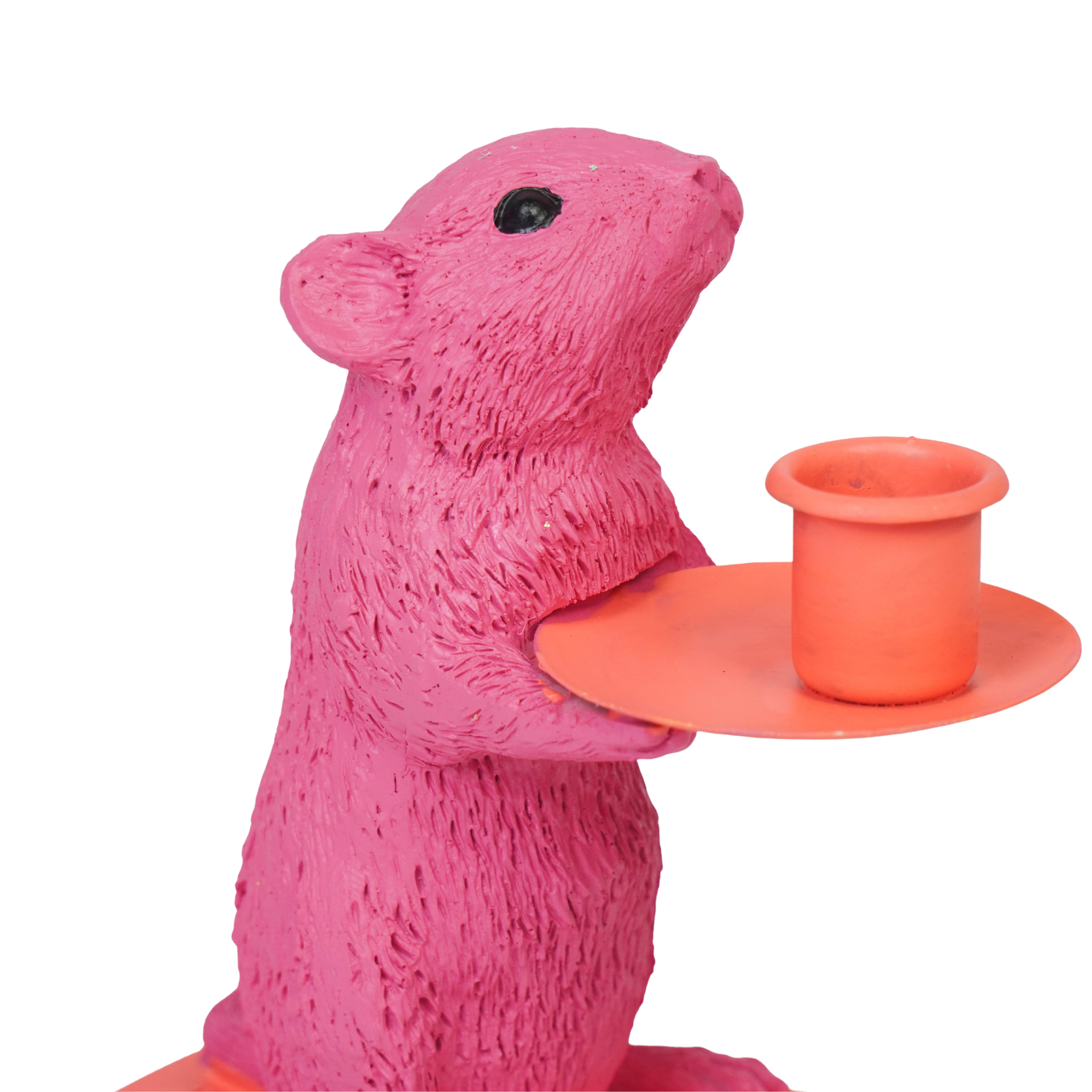 Kaarshouder - Muis Kandelaar - Polyresin - Roze/ Rood - 8x10x17cm