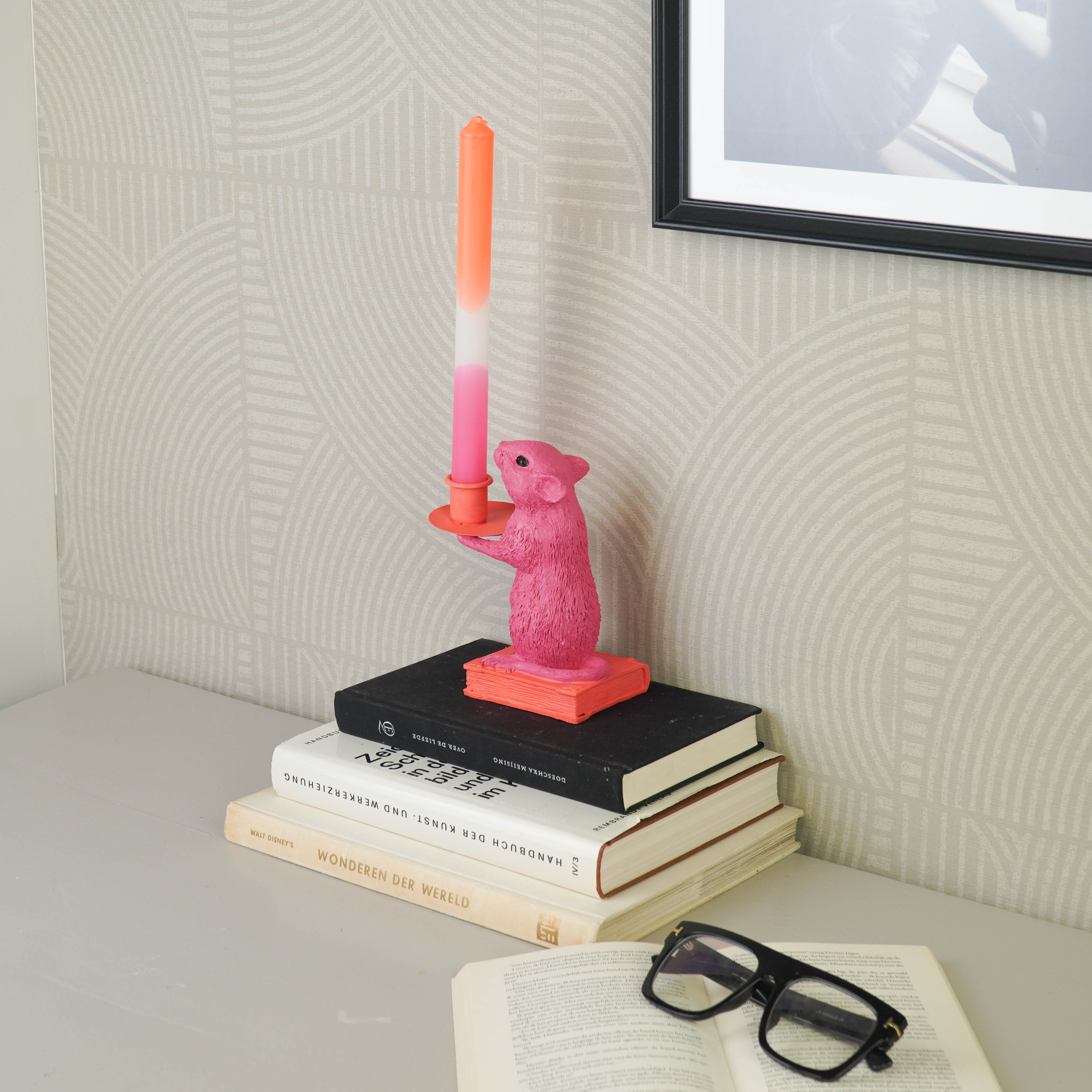 Kaarshouder - Muis Kandelaar - Polyresin - Roze/ Rood - 8x10x17cm