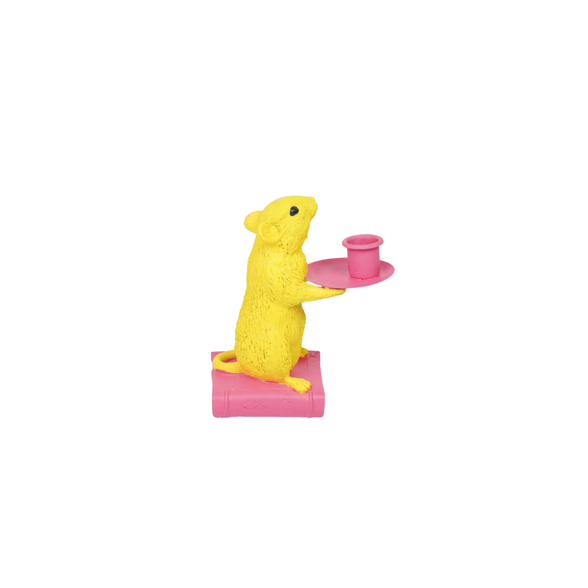 Kaarshouder - Muis Kandelaar - Polyresin - Geel/ Roze - 8x10x17cm