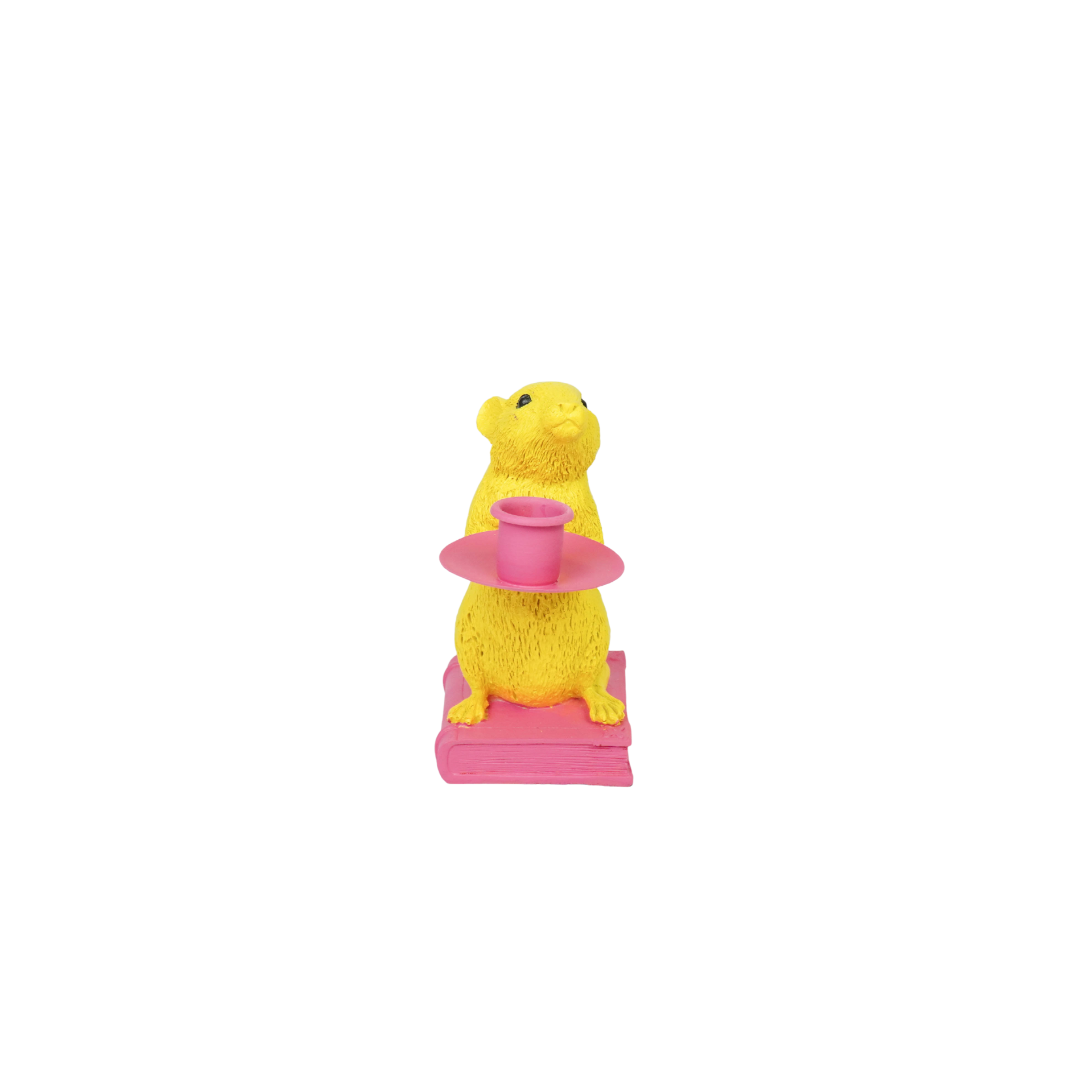 Kaarshouder - Muis Kandelaar - Polyresin - Geel/ Roze - 8x10x17cm