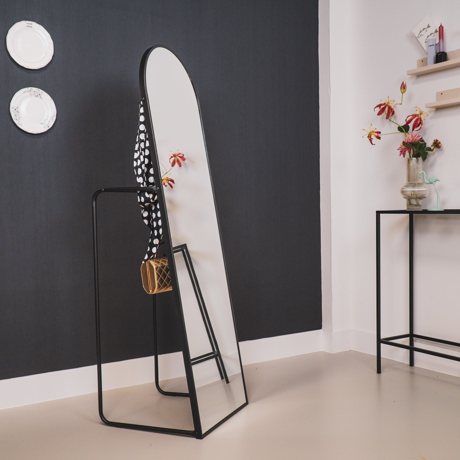 Spiegel- Passpiegel + kledingrek + Metaal- Zwart - 45x43x150cm