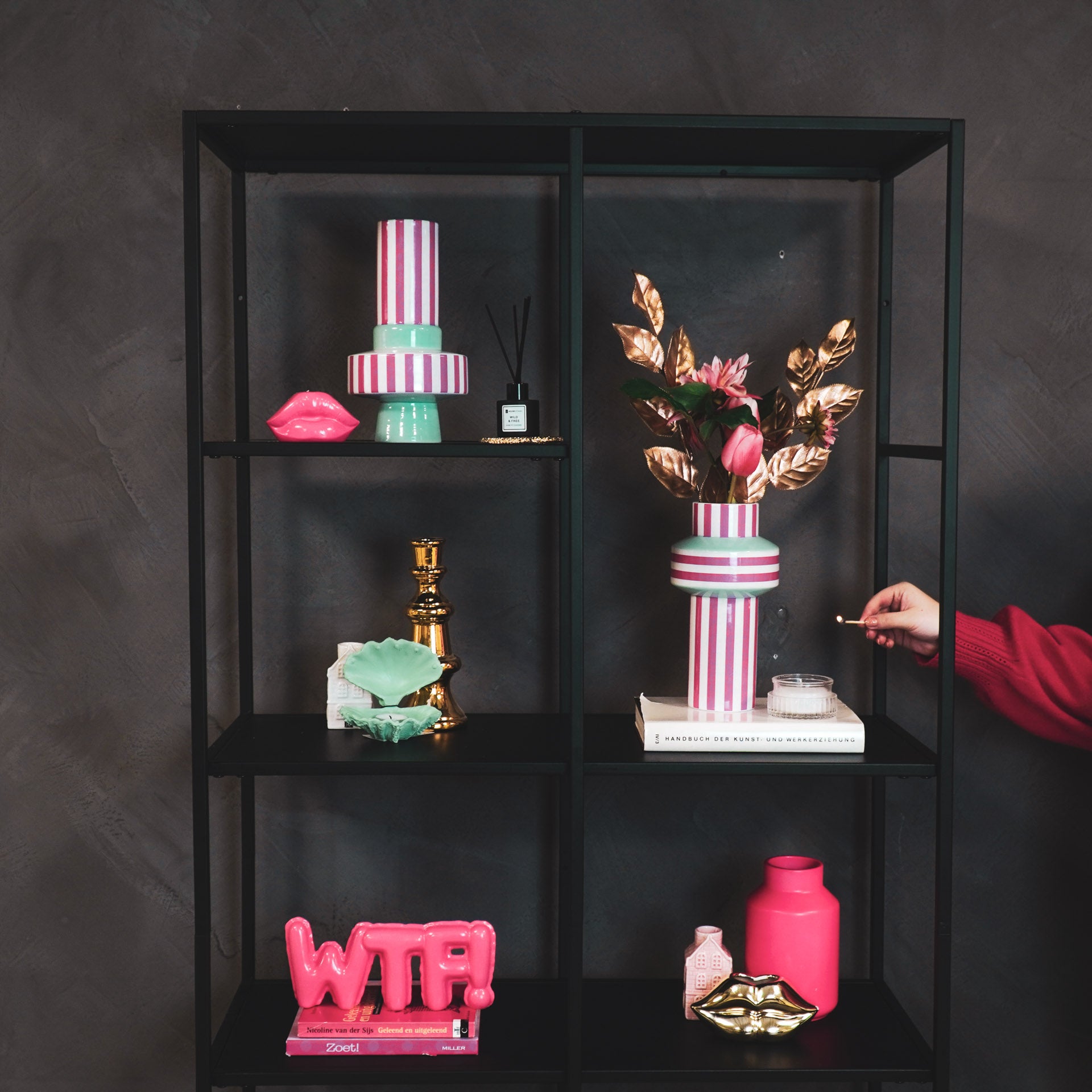 Vaas - Bretonse Streep - Keramiek - Mintgroen/Roze - 13x13x25cm