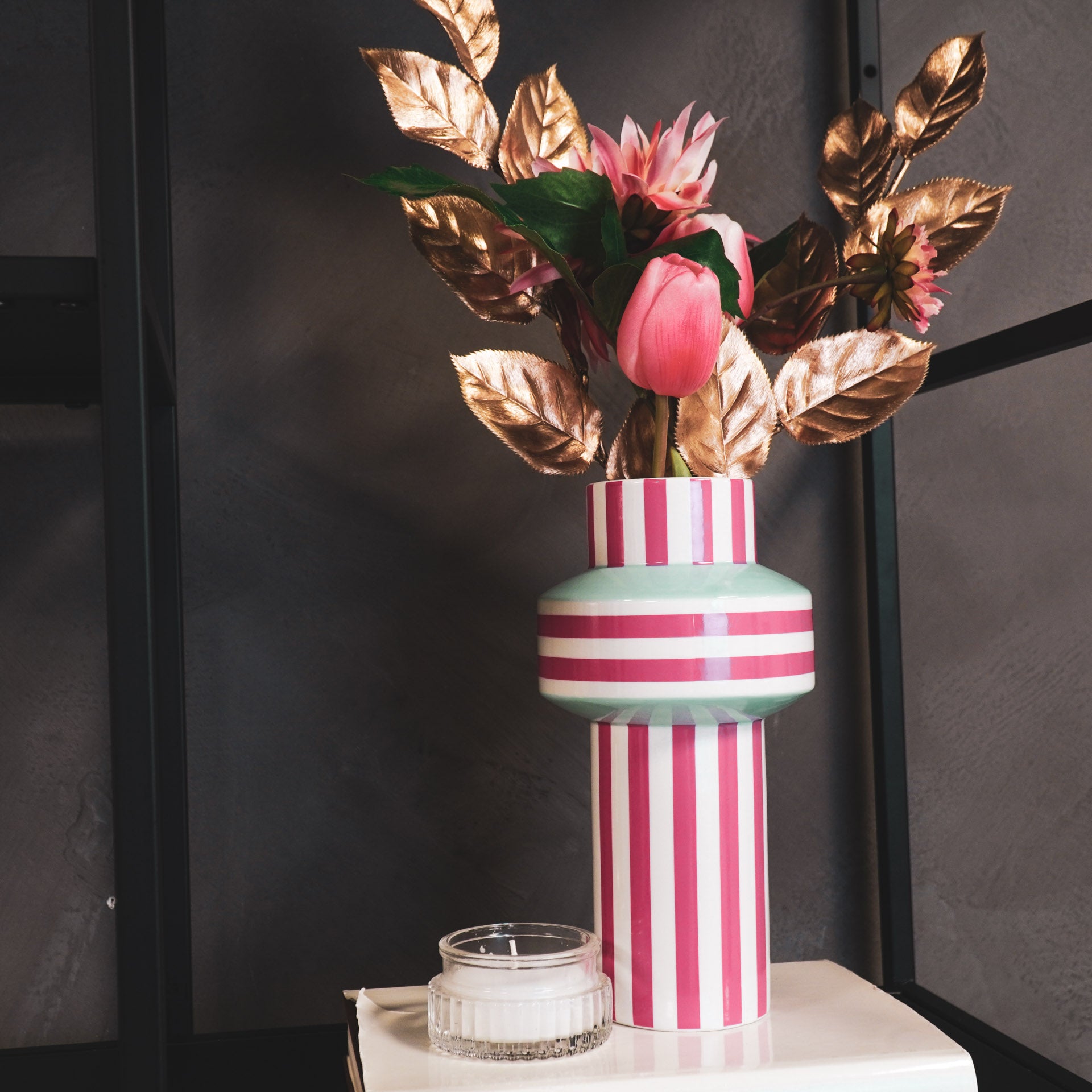 Vaas - Bretonse Streep - Keramiek - Mintgroen/Roze - 13x13x25cm