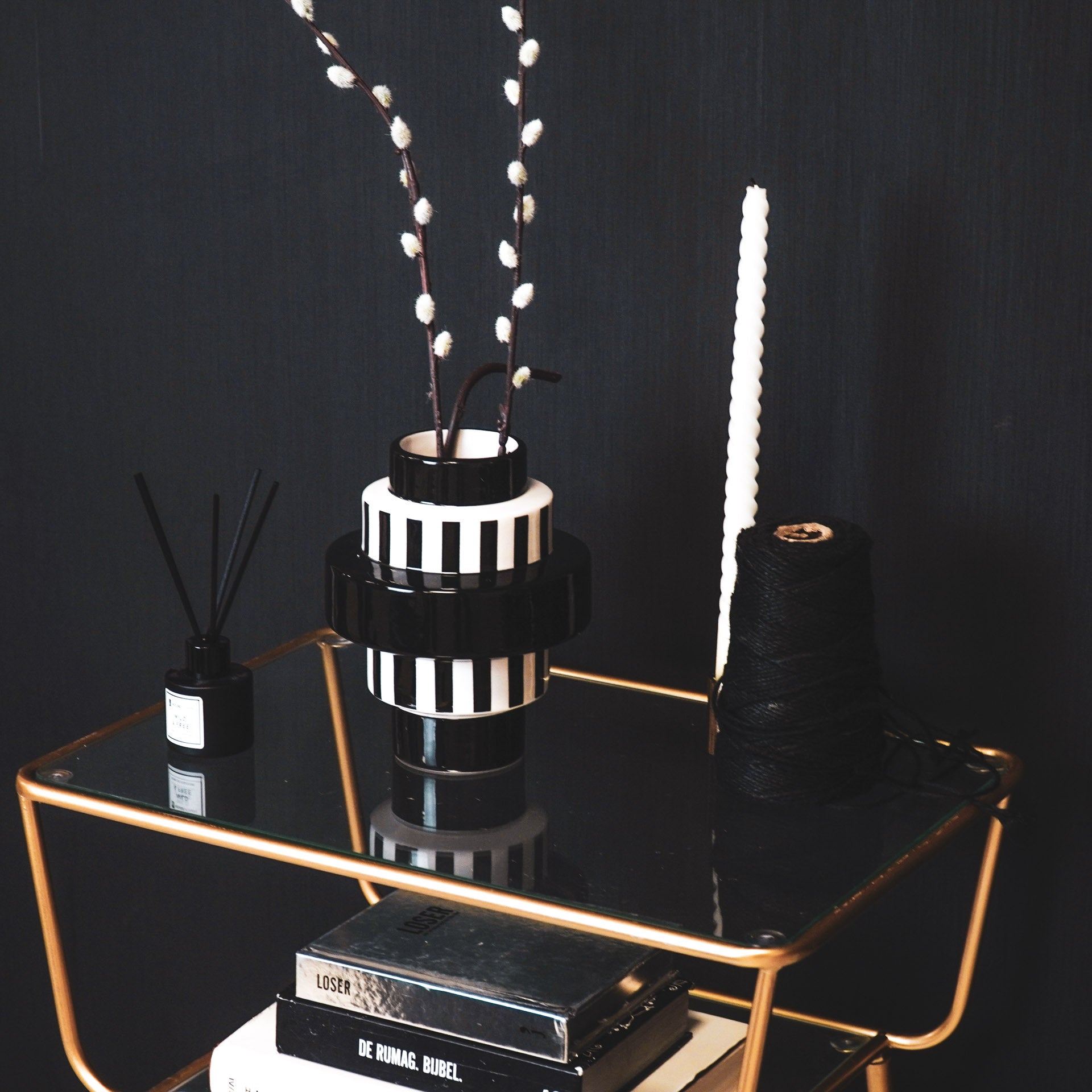 Vaas - Bretonse Streep - Keramiek - Zwart/Wit - 14,5x14,5x18cm