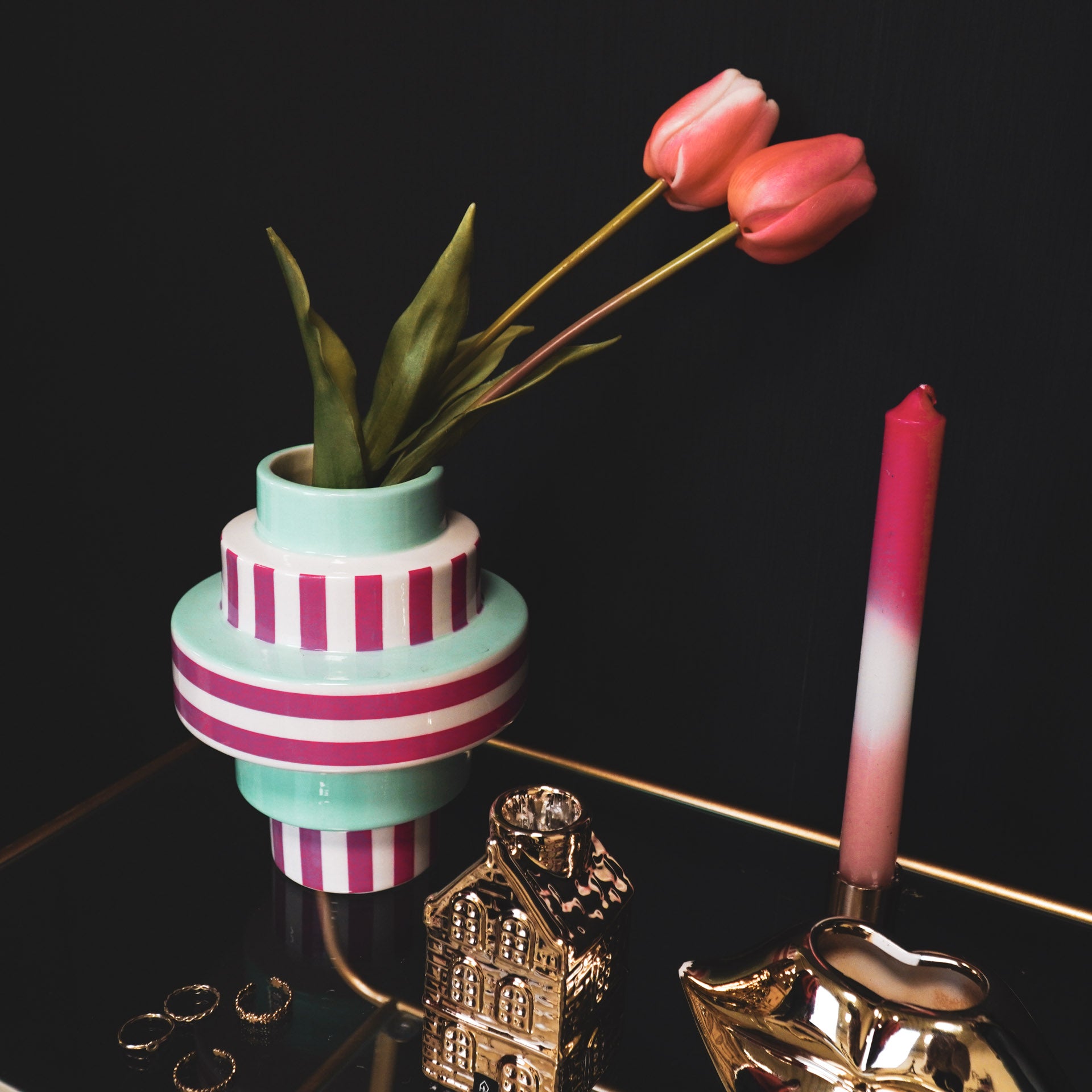 Vaas - Bretonse Streep - Keramiek - Mintgroen/Roze - 14,5x14,5x18cm