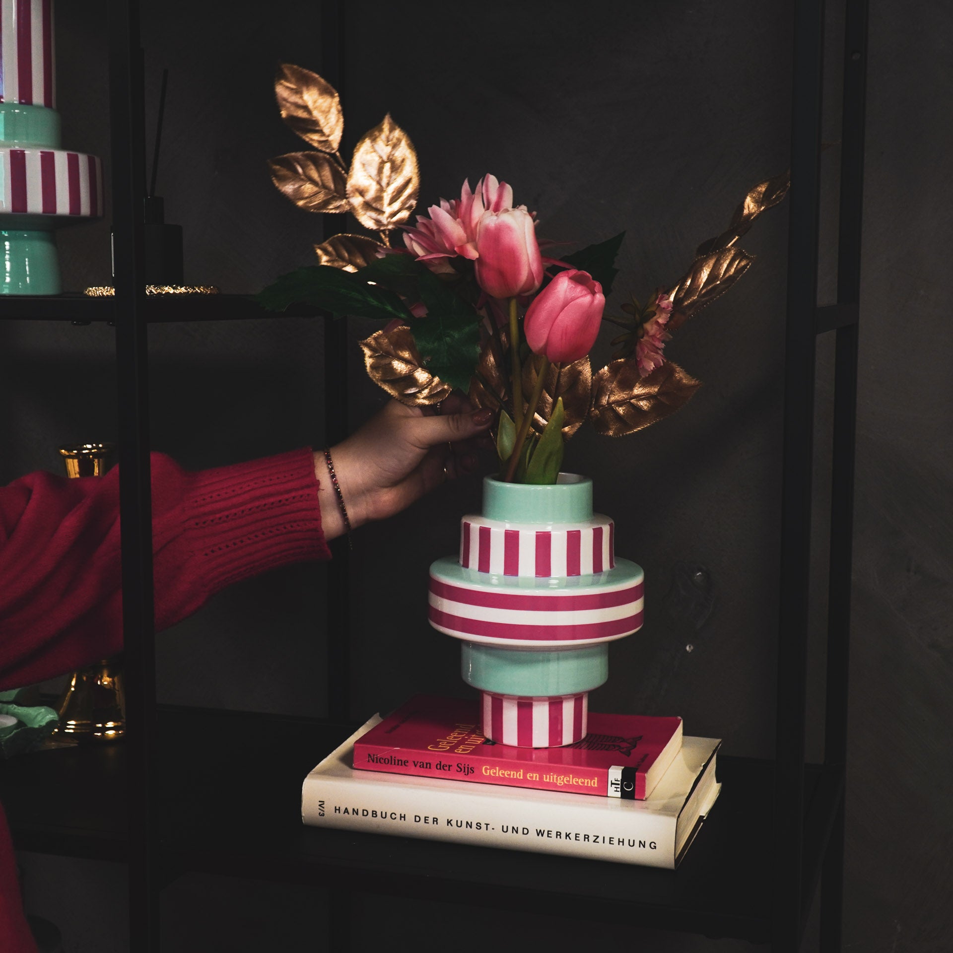 Vaas - Bretonse Streep - Keramiek - Mintgroen/Roze - 14,5x14,5x18cm