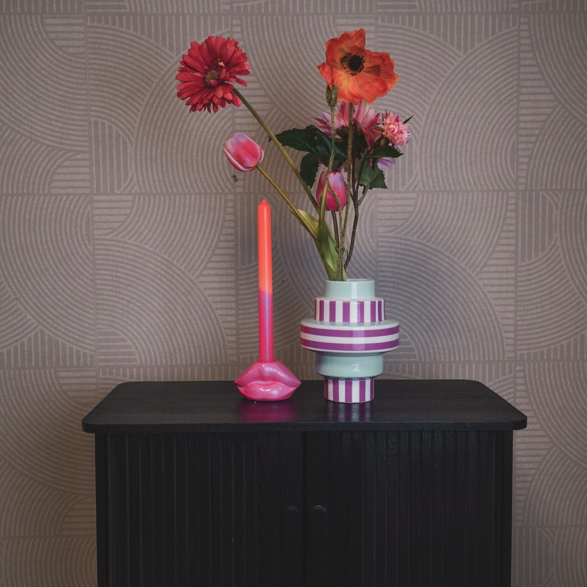 Vaas - Bretonse Streep - Keramiek - Mintgroen/Roze - 14,5x14,5x18cm