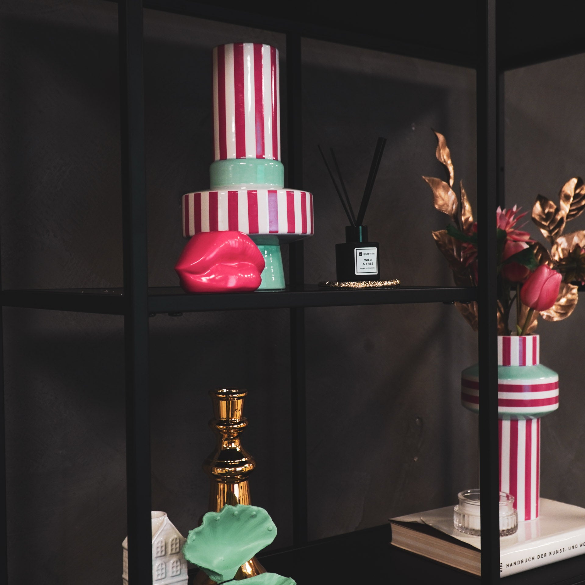 Vaas - Bretonse Streep - Keramiek - Mintgroen/Roze - 14x14x26 cm