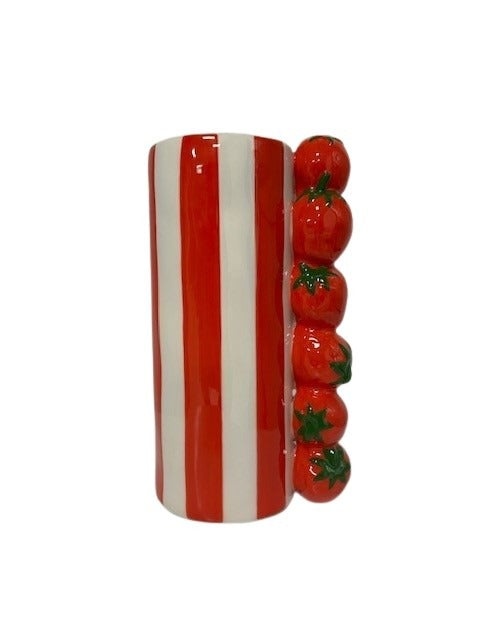 Vaas- Bloemenvaas Aardbeienrand- Dolomiet - Rood/ Wit - 12x12x21cm