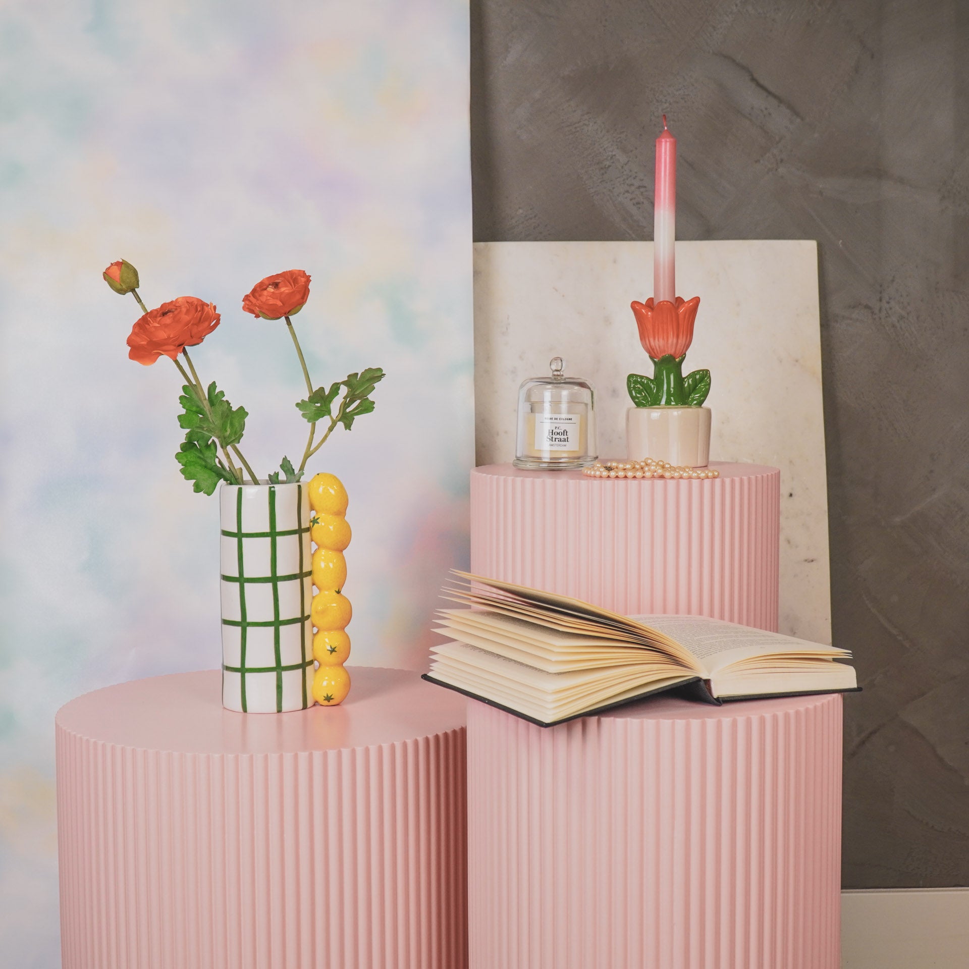 Kaarsen -Dipdye Dinerkaars- Neon Groen/Wit/Roze - S4 - 2,1x25 cm