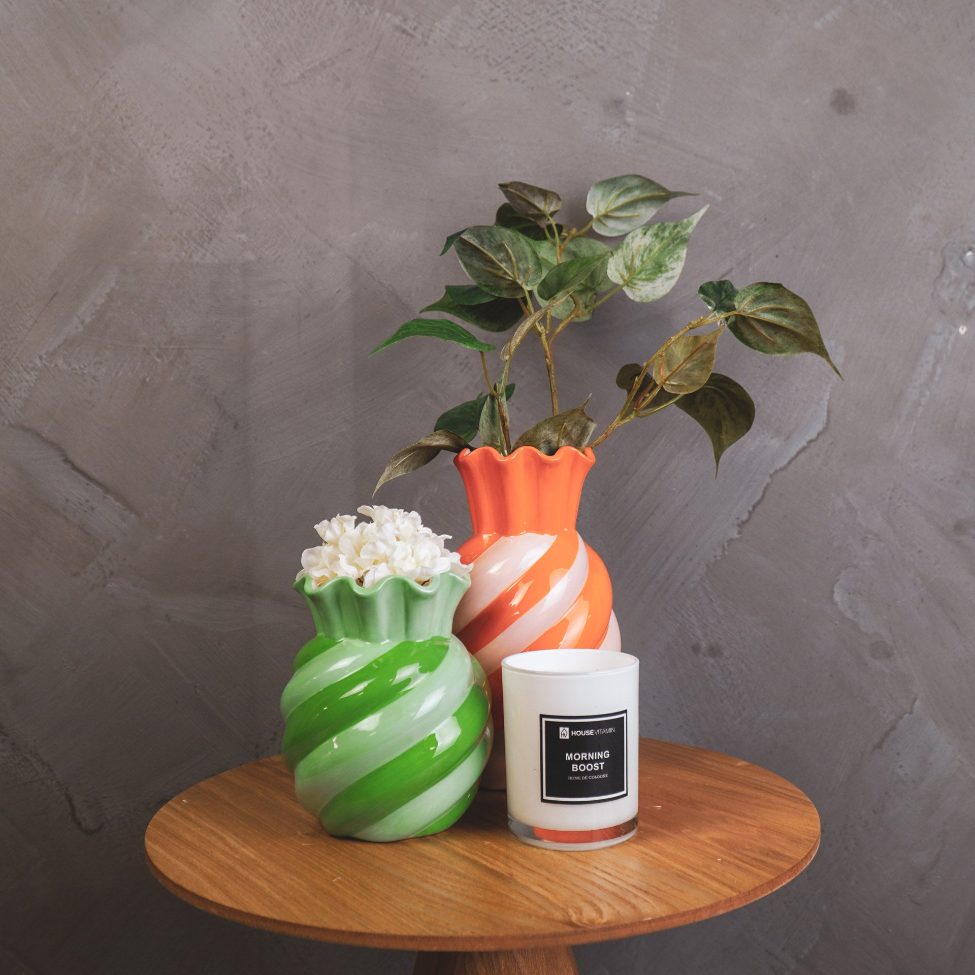 Vaas- Bloemen Vaas Swirl- Aardewerk- Roze/ Oranje- 13x13x23cm