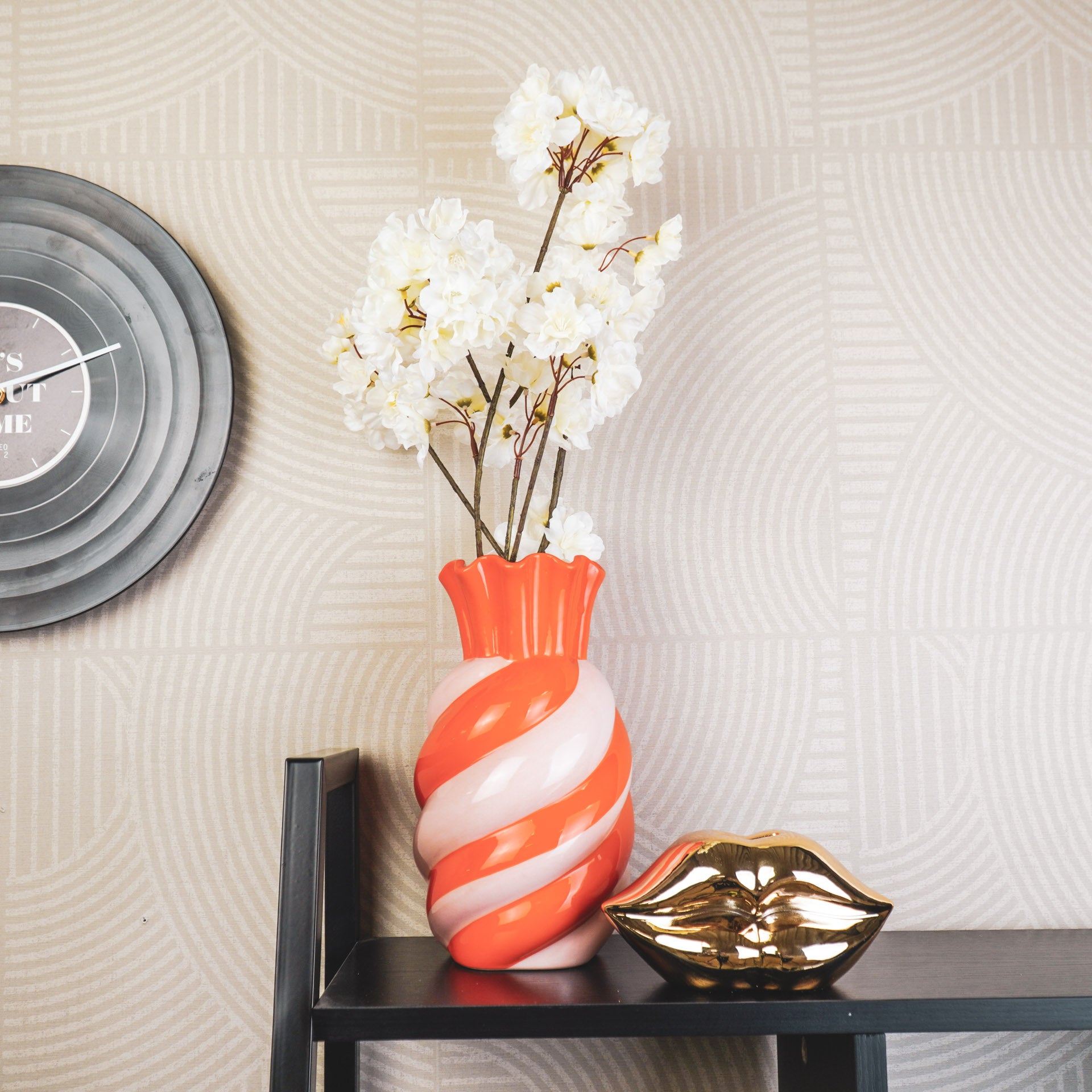 Vaas- Bloemen Vaas Swirl- Aardewerk- Roze/ Oranje- 13x13x23cm