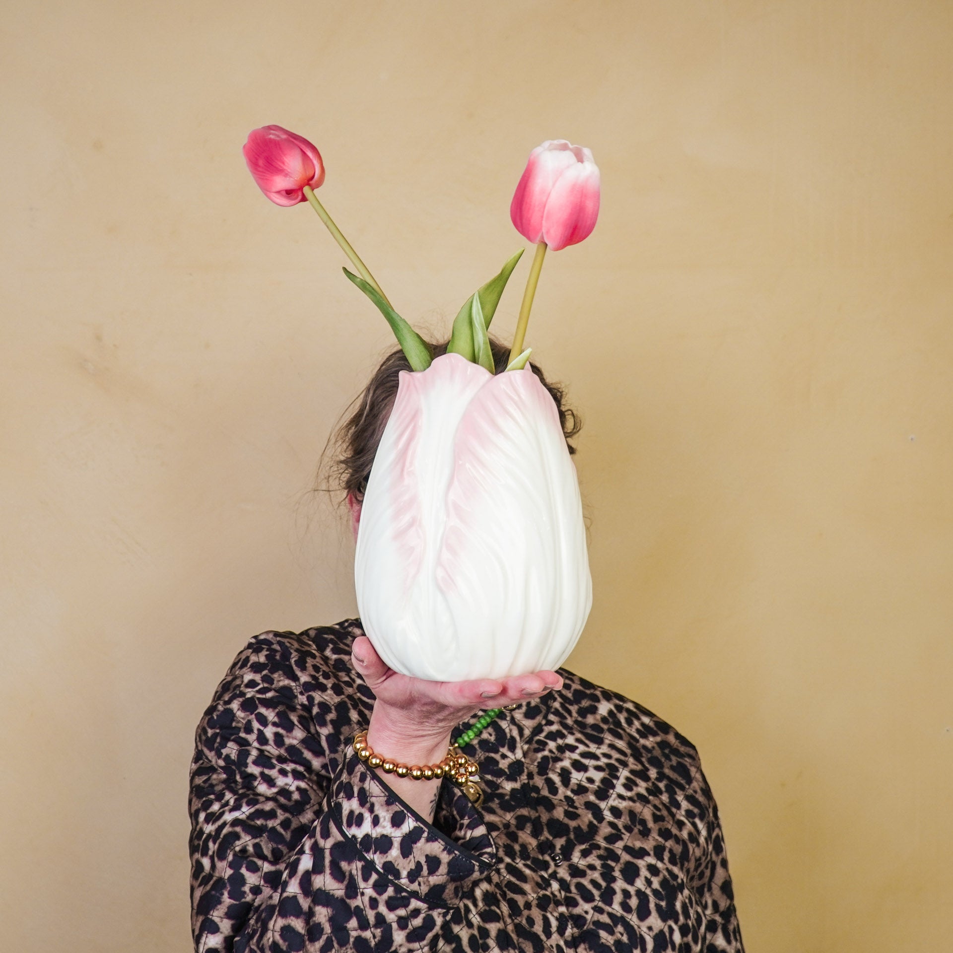 Vaas- Bloemen Vaas Tulpen Kop- Aardewerk- Roze-14x14x19cm