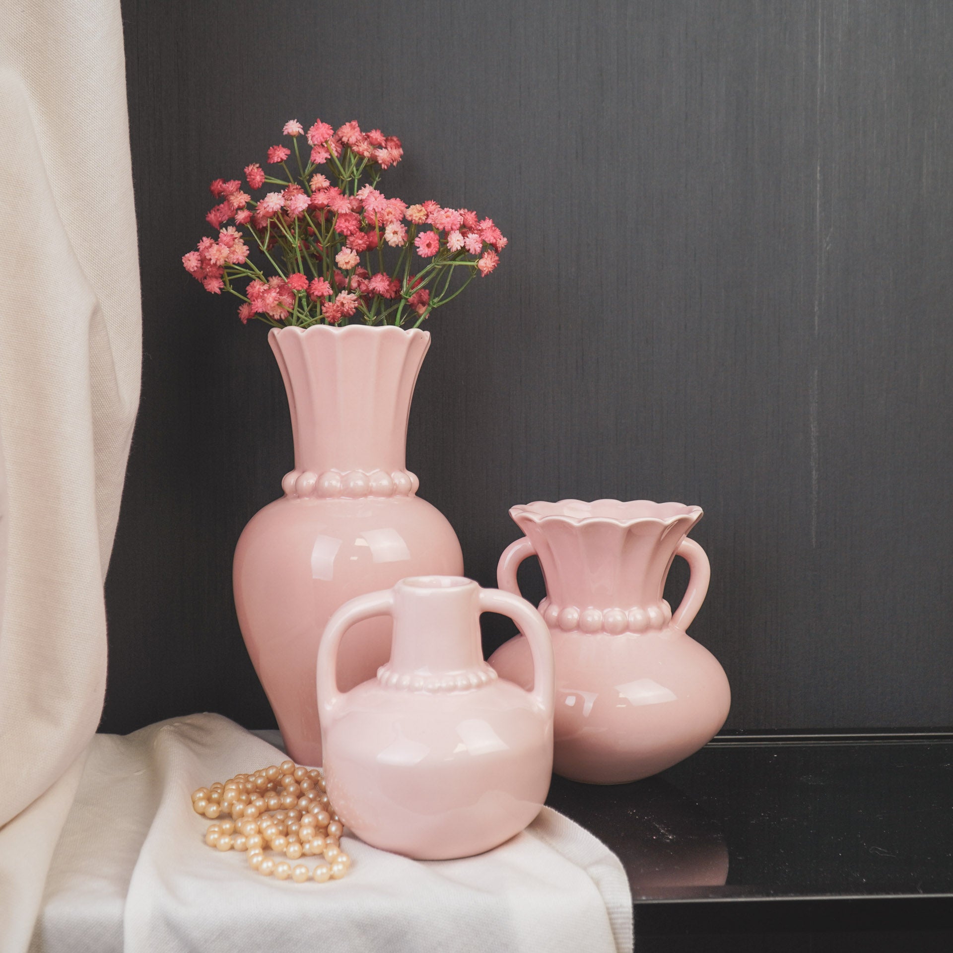 Vaas- Kruik Vaas met Parelhals- Dolomiet - Licht Roze- 14x14x15cm