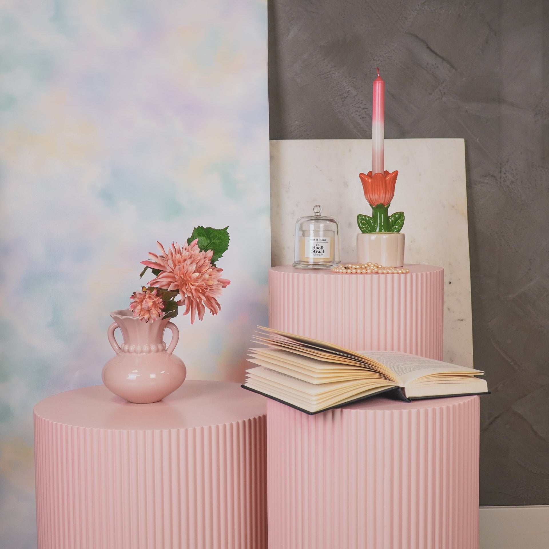 Vaas- Kruik Vaas met Parelhals- Dolomiet - Licht Roze- 14x14x15cm