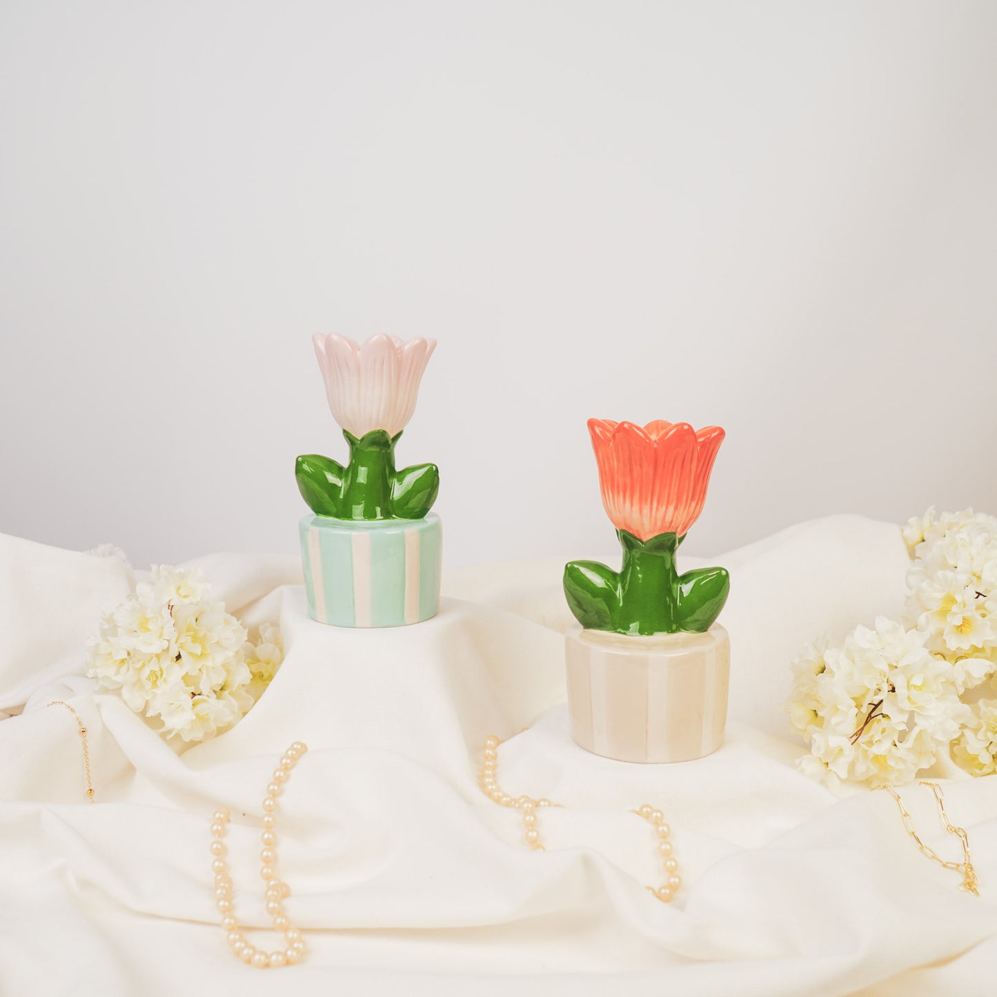 Kaarshouder- Kandelaar Tulp- Dolomiet- Mint/ Licht Roze- 9x8,5x17,5cm